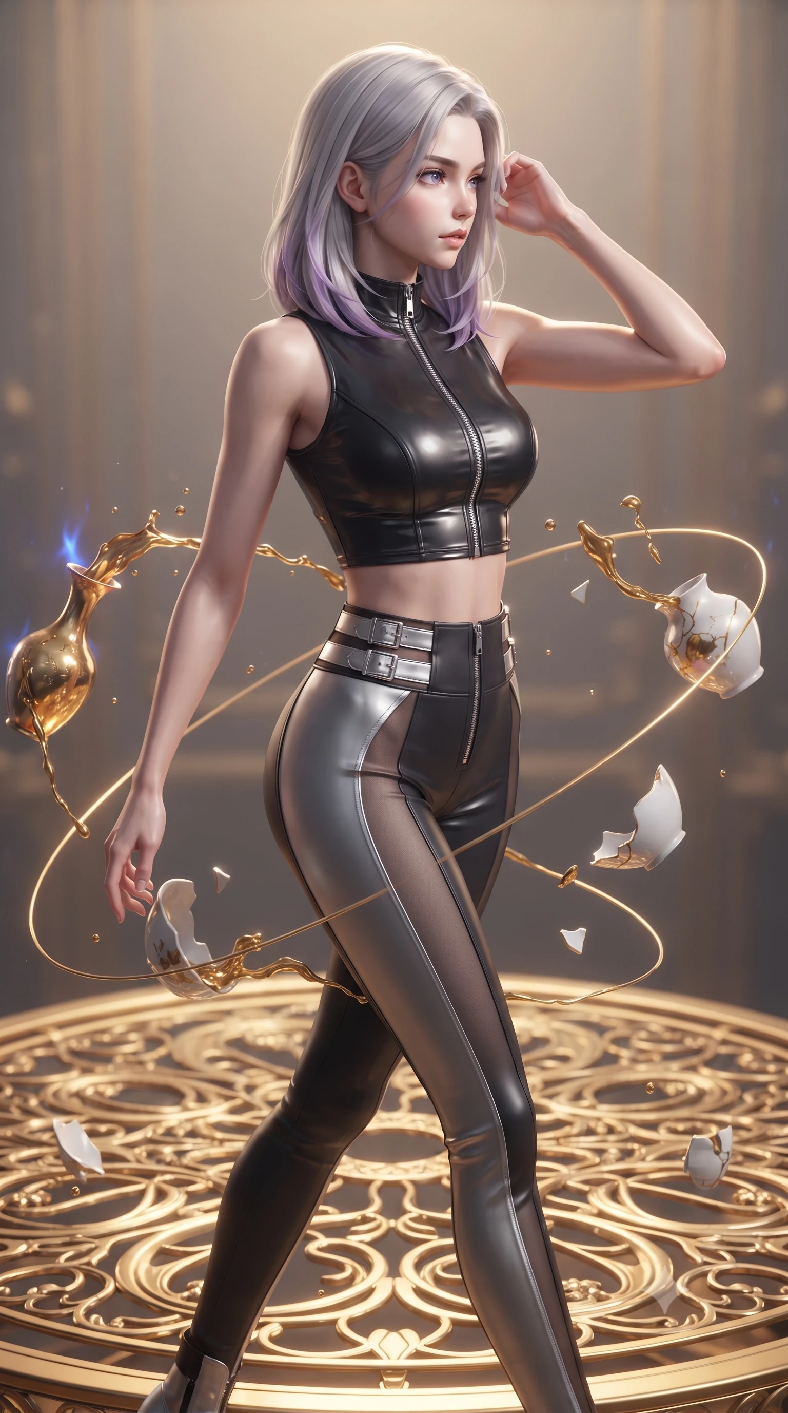 score_9, masterpiece, best quality, ultra-detailed, high-budget anime keyframe, editorial fashion photography, tasteful artistic composition, Caucasian woman. close-up cowboy shot from the waist and thighs up, the character dominates the composition, filling the frame with her large presence, background elements kept in soft focus. Resting her fingers gracefully near her temple, casting a sharp mysterious side-gaze during her stride while balancing on a golden filigree altar as liquid gold streams connect suspended vase fragments, golden light threads binding broken ceramic pieces in dynamic orbital motion. She has an exceptionally elegant, slender, and willowy female figure with an ultra-slim waist, a gracefully sculpted slender torso, and a refined silhouette. sharp v-shaped jawline, high-bridge nose, intricate jewel-like eyes with depth, thick eyelashes, glossy lips with a natural sheen, flawlessly proportioned anatomical accuracy, natural body alignment, perfectly sculpted elegant limbs, clean dynamic posture without body distortion. wearing a glossy vinyl crop top and high-waist tailored leggings with sleek zippers in matte black and polished silver, woven from fine semi-opaque sheer organza, detailed with polished silver buckles along the waistline, the tailored fabric tightly following every curve of her athletic build. illuminated by a dramatic contrast of sapphire alchemy flames and warm golden glow. ultra-reflective glossy finish, specular highlights, metallic sheen, high-contrast stereoscopic depth, volumetric dynamic lighting, 2k, ultra detail, master piece, 9:16 ratio