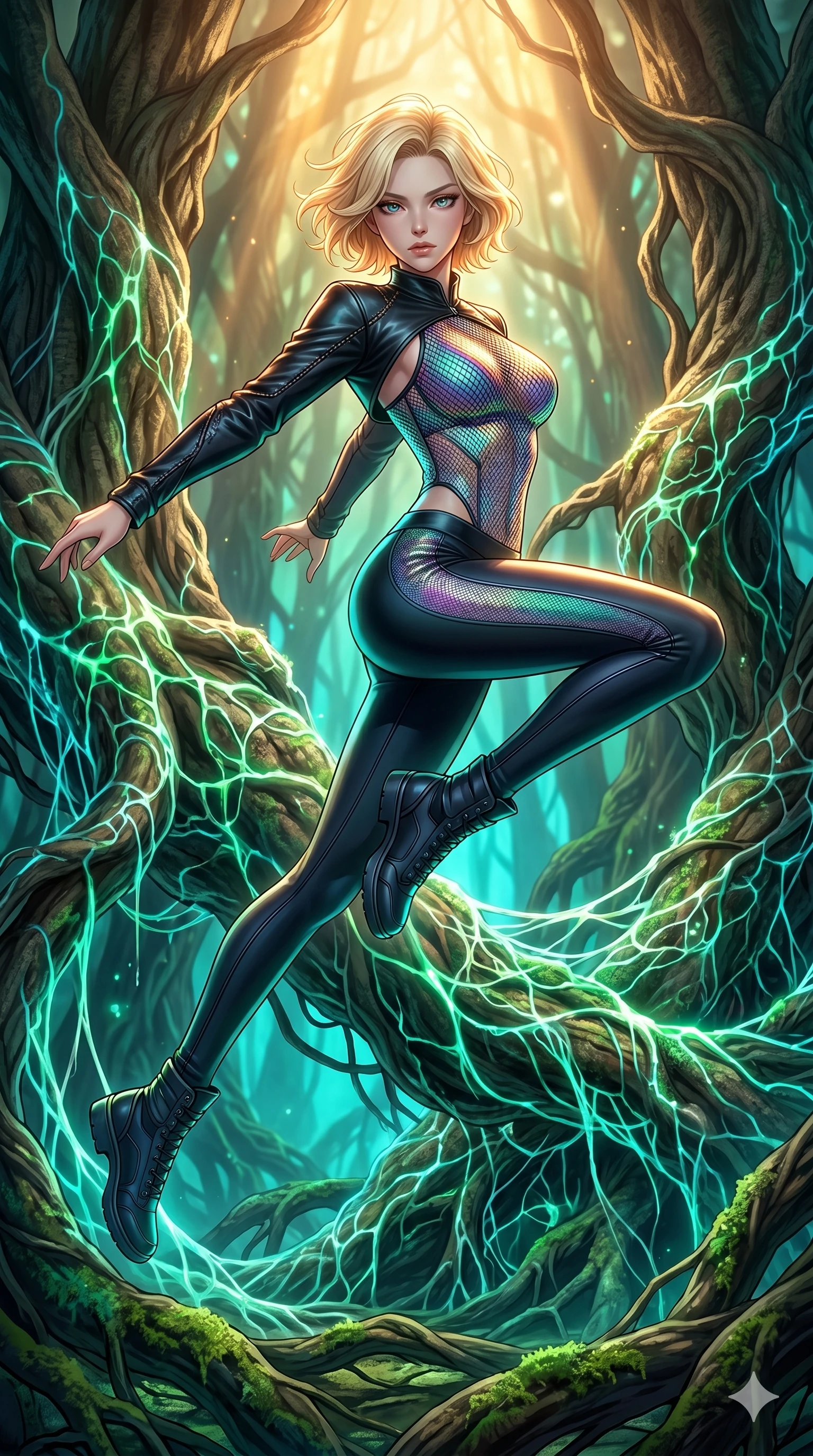 score_9, masterpiece, best quality, ultra-detailed, high-budget anime keyframe, Japanese woman. low angle full-body shot filling the entire 9:16 frame with her statuesque presence, stretching the vertical silhouette. jumping amidst giant ancient tree roots wrapped in trillions of glowing mycelium threads pulsing with emerald and opal light. She has an absolutely perfect 8-heads proportion, an exceptionally tall and slender female figure with impossibly long slender legs and an ultra-slim waist. V-shaped jawline, high-bridge nose, intricate jewel-like eyes with depth, thick eyelashes, glossy lips with a natural sheen.. wearing a structured iridescent mesh fashion top, a cropped single-sleeve black leather shrug for a bold stage look. showcasing a beautiful play of light and shadow, with warm golden rays clashing against cool cyan highlights. 2k, ultra detail, master piece, 9:16 ratio