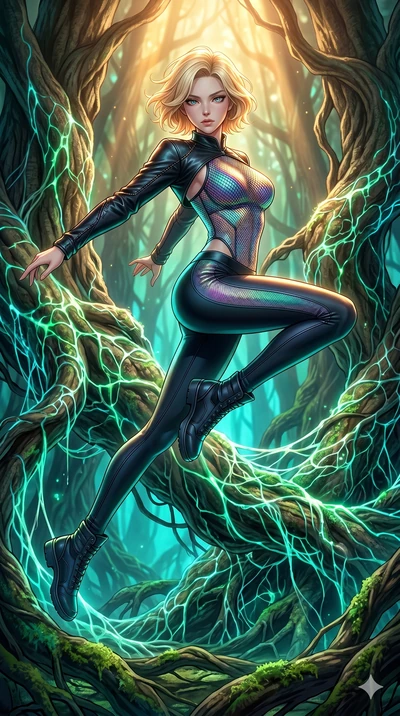 score_9, masterpiece, best quality, ultra-detailed, high-budget anime keyframe, Japanese woman. low angle full-body shot filling the entire 9:16 frame with her statuesque presence, stretching the vertical silhouette. jumping amidst giant ancient tree