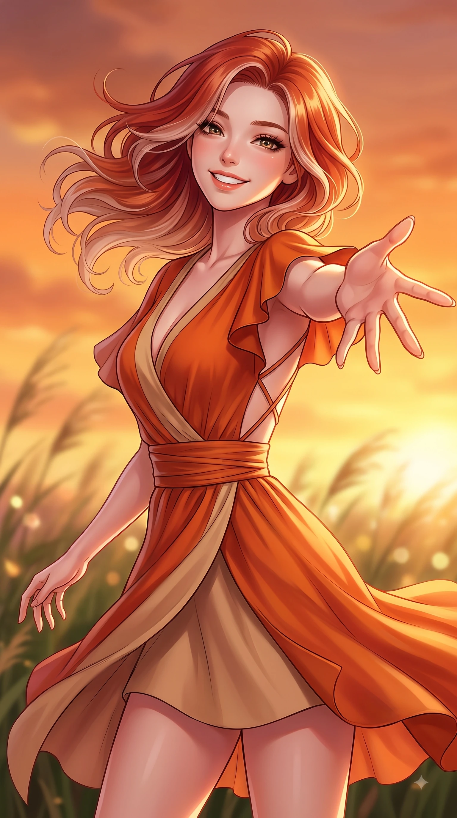 score_9, masterpiece, best quality, ultra-detailed, high-budget anime keyframe, editorial fashion photography, tasteful artistic composition, Caucasian woman. close-up cowboy shot from the waist and thighs up, the character dominates the composition, filling the frame with her large presence. Tilting her chin up with a sweet beaming smile of pure delight while balancing dynamically amidst the scene while reaching one hand out playfully toward the camera with a joyful, beaming smile. The composition keeps background elements in soft focus with dreamy bokeh. swaying park grasses and sunset sky gradients softened in dreamy background focus. She has an exceptionally elegant, slender, and willowy female figure with an ultra-slim waist, a gracefully sculpted slender torso, and a refined silhouette. sharp v-shaped jawline, high-bridge nose, intricate jewel-like eyes with depth, thick eyelashes, glossy lips with a natural sheen, flawlessly proportioned anatomical accuracy, natural body alignment, perfectly sculpted elegant limbs, clean dynamic posture without body distortion. wearing an elegant V-neck silk wrap dress with fluttery short sleeves and a cinched waist in bright burnt orange and warm beige, tailored from fine wool crepe with clean lines, finished with delicate criss-cross back straps highlighting her bare shoulders, the glove-like fit emphasizing her statuesque silhouette during motion. bathed in glorious golden hour sunset sunbeams and warm amber sky radiance. highly saturated vibrant anime colors, detailed shading with soft gradients, rich glossy textures, high-contrast stereoscopic depth, volumetric dynamic lighting, master piece, 9:16 ratio