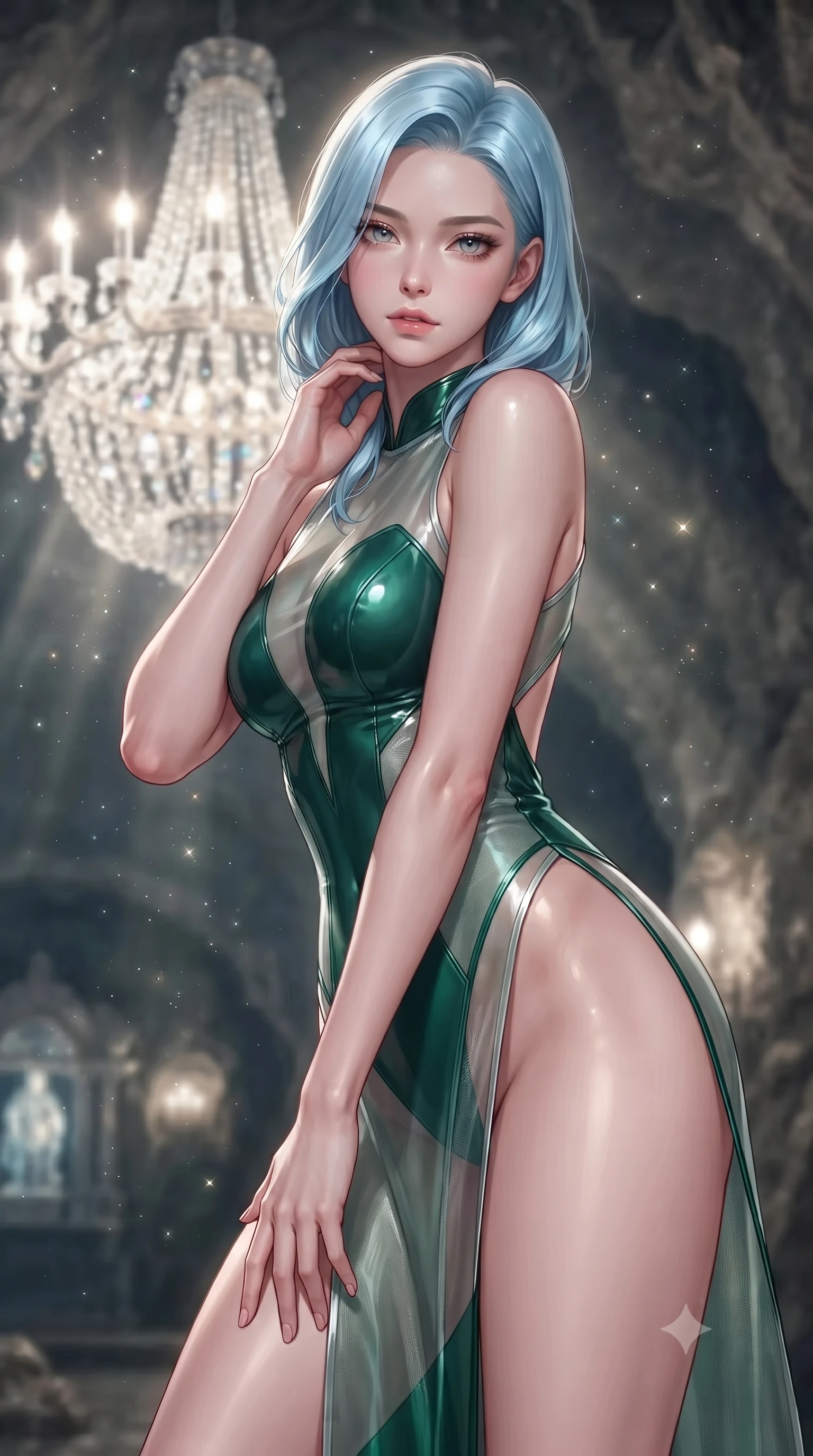 score_9, masterpiece, best quality, ultra-detailed, high-budget anime keyframe, editorial fashion photography, tasteful artistic composition, Korean woman. close-up cowboy shot from the waist and thighs up, the character dominates the composition, filling the frame with her large presence, background elements kept in soft focus. Leaning slightly forward with a composed, seductive gaze under soft glowing light poised beneath a giant crystal chandelier refracting subterranean sunlight, glowing mineral dust shimmering like stars in the quiet cavern air. She has an exceptionally elegant, slender, and willowy female figure with an ultra-slim waist, a gracefully sculpted slender torso, and a refined silhouette. sharp v-shaped jawline, high-bridge nose, intricate jewel-like eyes with depth, thick eyelashes, glossy lips with a natural sheen. wearing a high-cut translucent vinyl leotard with front paneling and open back in deep emerald green and silver accent, woven from fine semi-opaque sheer organza, finished with a sleek side slit ascending to mid-thigh, the glove-like fit emphasizing her statuesque silhouette. surrounded by a cool jewel-toned luminescence with bright specular rim lights. ultra-reflective glossy finish, specular highlights, metallic sheen, high-contrast stereoscopic depth, volumetric dynamic lighting, 2k, ultra detail, master piece, 9:16 ratio