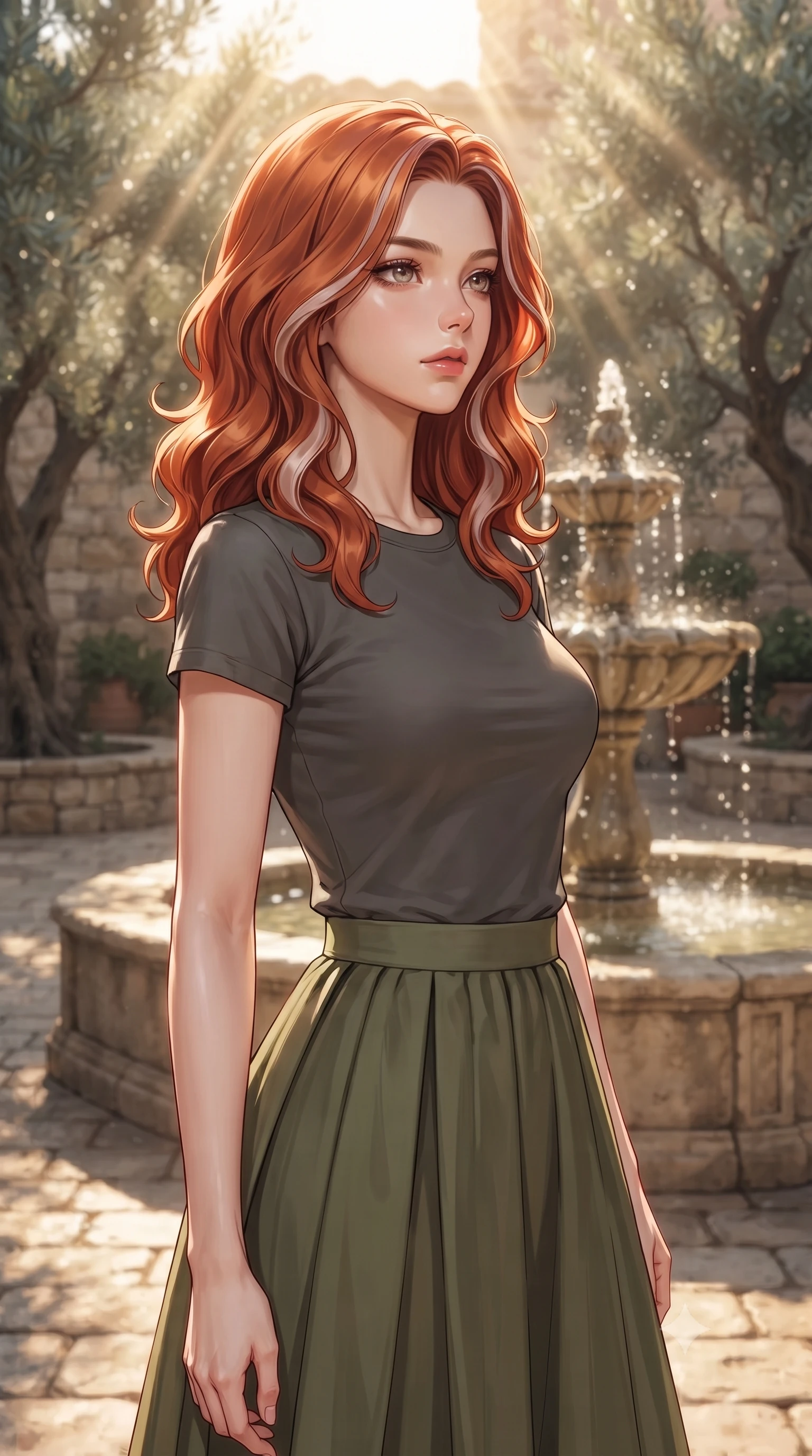 score_9, masterpiece, best quality, ultra-detailed, high-budget anime keyframe, editorial fashion photography, tasteful artistic composition, Caucasian woman woman. close-up cowboy shot from the waist and thighs up, the character dominates the composition, filling the frame with her large presence, background elements kept in soft focus. looking past the camera with a peaceful, thoughtful gaze, enjoying the warm sunlight the background shows a soft-focus a stone courtyard with a central water fountain trickling softly, surrounded by olive trees. She has an exceptionally elegant, slender, and willowy female figure with an ultra-slim waist, a gracefully sculpted slender torso, and a refined silhouette. sharp v-shaped jawline, high-bridge nose, intricate jewel-like eyes with depth, thick eyelashes, glossy lips with a natural sheen. wearing a form-contouring simple dark grey cotton tee tucked into a pleated olive midi skirt. dazzling sunbeams refracting through the water droplets. ultra-reflective glossy finish, specular highlights, metallic sheen, high-contrast stereoscopic depth, volumetric dynamic lighting, 2k, ultra detail, master piece, 9:16 ratio
