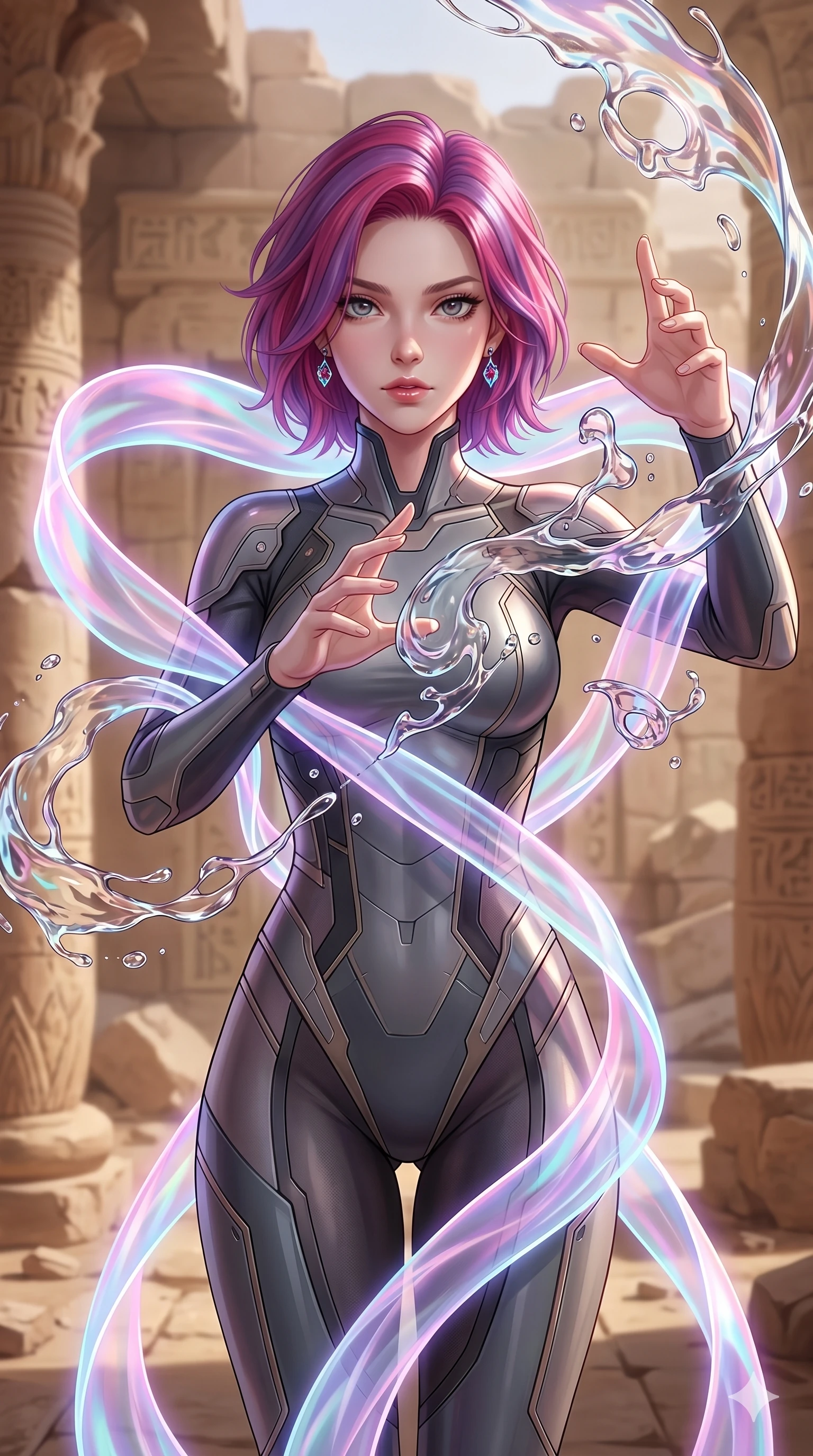 score_9, masterpiece, best quality, ultra-detailed, high-budget anime keyframe, Caucasian woman, strictly human ears. upper body close-up from the thighs up, character filling the screen for maximum presence. interacting with liquid stained-glass that melts and swirls in mid-air inside a crumbling desert ruin, the fluid jewelry floating in suspension. She has an absolutely perfect 8-heads proportion, an exceptionally tall and slender female figure with impossibly long slender legs and an ultra-slim waist. V-shaped jawline, high-bridge nose, intricate jewel-like eyes with depth, thick eyelashes, glossy lips with a natural sheen.. wearing a cybernetic bodysuit with a holographic ribbon, featuring a skin-tight contouring bodysuit wrapped in a translucent flowing holographic organza ribbon. enhanced by a luminous pastel spectrum glow, casting elegant rim lights on her shoulders and jawline. 2k, ultra detail, master piece, 9:16 ratio