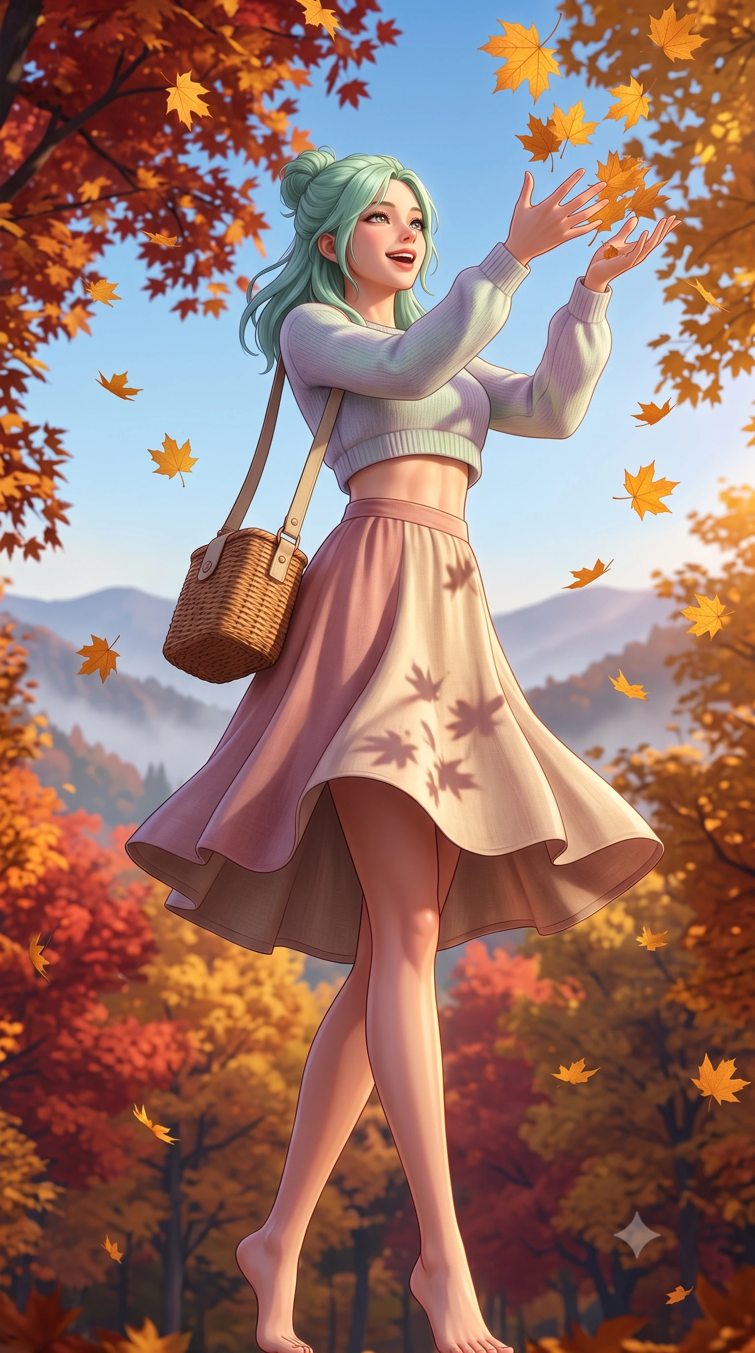 score_9, masterpiece, best quality, ultra-detailed, high-budget anime keyframe, semi-realistic 3D game render, editorial fashion photography, tasteful artistic composition, Japanese woman. low angle full-body shot from head to toe showing her feet, filling the entire 9:16 vertical frame with her statuesque presence, stretching her vertical silhouette. pivoting dynamically with a fresh infectious smile, her ultra-slim waist and long slender legs creating a fluid graceful line while tossing a handful of golden maple leaves into the crisp autumn air with a bright, childlike laugh. The surrounding environment is rendered in vivid detail and crisp panoramic clarity. vibrant autumn forest gradients, distant misty mountain ridges, and clear blue autumn skies in high clarity. She has an absolutely perfect, statuesque 8.5-heads proportion, an exceptionally tall and slender model-like female figure with impossibly long slender legs, a toned flat midriff, and an ultra-slim waist. sharp v-shaped jawline, high-bridge nose, intricate jewel-like eyes with depth, thick eyelashes, glossy lips with a natural sheen, pure and lovely fresh girlhood expression, flawlessly proportioned anatomical accuracy, strict slender model proportions, natural body alignment, perfectly sculpted long slender limbs, ultra-slim waistline, clean dynamic posture without body distortion. wearing a stylish cropped pastel knit pullover paired with a high-waisted flowy A-line linen skirt in soft dusty rose and oatmeal beige, crafted from smooth fluid silk satin with a natural gentle sheen, accessorized with a rustic woven wicker bag and canvas strap, the body-hugging lightweight knit clinging delicately to her slender torso, accentuating her graceful neck and feminine lines. surrounded by a warm, romantic, and deeply nostalgic autumn sweetheart aura. highly saturated vibrant anime colors, detailed shading with soft gradients, rich glossy textures, high-contrast stereoscopic depth, volumetric dynamic lighting, master piece, 9:16 ratio