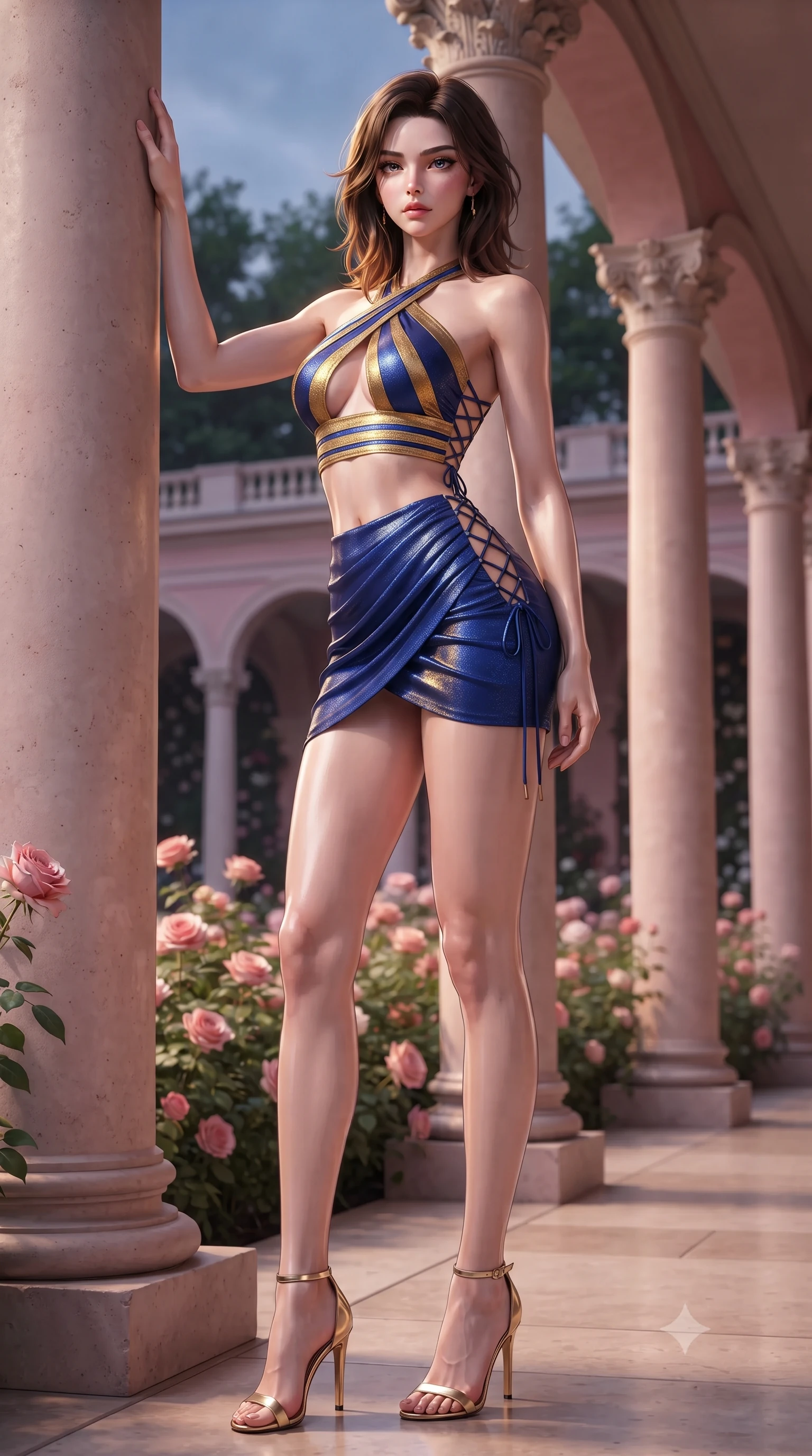 score_9, masterpiece, best quality, ultra-detailed, high-budget anime keyframe, editorial fashion photography, tasteful artistic composition, Korean woman. low angle full-body shot from head to toe showing her feet, filling the entire 9:16 vertical frame with her statuesque presence, stretching her vertical silhouette. standing tall beside the architectural column, one hand resting high while arching her lower back to emphasize her sculpted feminine hips and slender waist while standing poised between the pink Italianate colonnades, arching her lower back to emphasize her curvy hips as evening roses perfume the breeze. The surrounding environment is rendered in vivid detail and crisp panoramic clarity: detailed sweetheart boned corset bodice weave, pearl body harness sheen, and historic French garden craft in high resolution. She has an exceptionally tall and slender model-like 8.5-heads proportion, an ultra-slim waist, a flat toned midriff, narrow delicate ribcage, and beautifully sculpted feminine hips creating a graceful, slim hourglass silhouette without any bulky heaviness, with impossibly long slender legs. sharp v-shaped jawline, high-bridge nose, intricate jewel-like sparkling eyes with depth, thick eyelashes, glossy parted lips with a natural peach sheen, bright cheerful beaming smile with an enchanting and coquettish sensual glint, exuding both youthful cute charm and seductive allure, flawlessly proportioned anatomical accuracy, strict slender model proportions, natural body alignment, perfectly sculpted long slender limbs, ultra-slim waistline, clean dynamic posture without body distortion. wearing a criss-cross halterneck keyhole bandage crop top paired with an ultra-short draped tulip mini skirt in Burj Arabian royal sapphire blue and molten gold, woven from stretch shimmer crepe adhering with glove-like precision, featuring fine criss-cross lace-up side ties revealing tantalizing glimpses of her hip curve, the precision-cut side openings and low-back scoop framing her graceful spine and the sensual sweep of her slim, toned hips. illuminated by pale stone reflection bounce and sharp copper-rose rim lights sculpting her delicate collarbones and statuesque proportions. ultra-reflective glossy finish, specular highlights, rich textural contrasts, high-contrast stereoscopic depth, volumetric dynamic lighting, 2k, ultra detail, master piece, 9:16 ratio