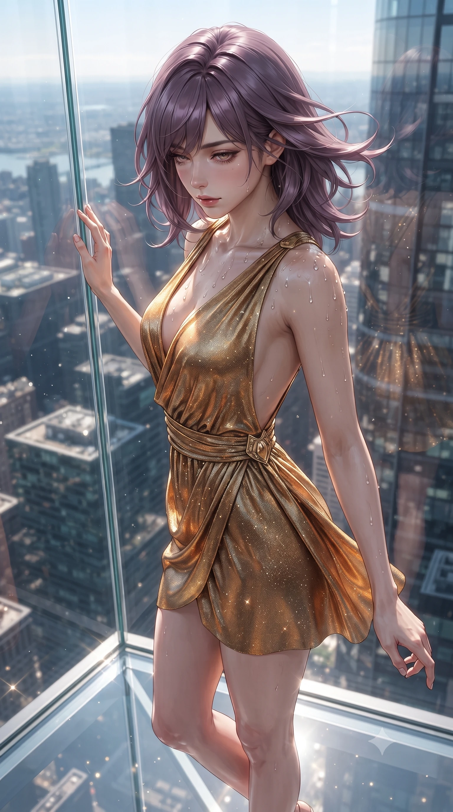 score_9, masterpiece, best quality, ultra-detailed, high-budget anime keyframe, editorial fashion photography, tasteful artistic composition, Japanese woman. close-up cowboy shot from the waist and thighs up, the character dominates the composition, filling the frame with her large presence. turning slowly with an enchanting smoldering smile, her glossy hair tossing in the breeze as her hips angle gracefully in a captivating contrapposto while leaning against the seamless glass corner with hips cocked back, looking down through the glass floor at the glittering city abyss with bedroom-eyes. The surrounding environment is rendered in vivid detail and crisp panoramic clarity: detailed wet-look metallic lamé swimsuit cling, dewy water droplets on skin, and modern skyscraper engineering in high resolution. She has an exceptionally elegant, slender, and willowy female figure with an ultra-slim waist, flat toned midriff, narrow ribcage, and sculpted feminine hips creating an alluring, slim hourglass silhouette without bulk. sharp v-shaped jawline, high-bridge nose, sparkling eyes with hypnotic seductive depth, thick curled eyelashes, glossy parted lips with a natural dewy peach sheen, alluring bedroom-eyes with an enchanting coquettish smile, exuding magnetic siren charisma and sophisticated glamour, flawlessly proportioned anatomical accuracy, strict slender model proportions, natural body alignment, perfectly sculpted long slender limbs, ultra-slim waistline, clean dynamic posture without body distortion. wearing a draped Greek-goddess style silk chiffon mini toga dress with an open back and golden hip fibula in warm amber honey and antique gold leaf, woven from stretch metallic lurex jersey casting radiant starlight glints across her silhouette, finished with glistening drops of pool water beading across her sculpted shoulders and collarbones, the second-skin tailored fabric adhering flawlessly to her sculpted flat midriff and slender torso, emphasizing her long leg lines and perfectly proportioned willowy build. illuminated by glass cube internal reflections and sharp platinum rim lights defining her razor-sharp jawline, narrow waist, and voluptuous hip curves. ultra-reflective glossy finish, specular highlights, rich textural contrasts, high-contrast stereoscopic depth, volumetric dynamic lighting, 2k, ultra detail, master piece, 9:16 ratio