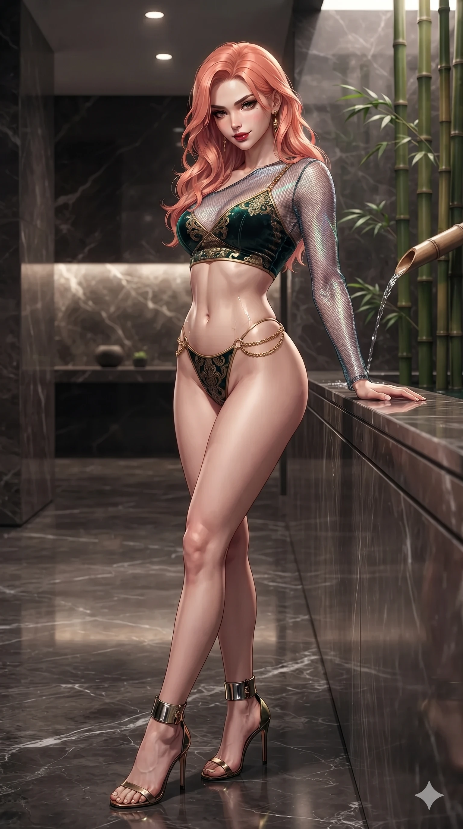 score_9, masterpiece, best quality, ultra-detailed, high-budget anime keyframe, editorial fashion photography, tasteful artistic composition, Japanese woman. close-up cowboy shot from the waist and thighs up, the character dominates the composition, filling the frame with her large presence. resting one elbow on the marble balustrade while arching her spine with dancer poise, her dark bedroom-eyes casting a magnetic sidelong glance while twisting her slender torso in an alluring S-curve beside the indoor bamboo rain fountain, water ripples tracing her flat midriff and hips. The surrounding environment is rendered in vivid detail and crisp panoramic clarity: detailed asymmetric metallic gown tailoring, sheer mesh side panels, and Japanese minimalist design in razor-sharp precision. She has an exceptionally elegant, slender, and willowy female figure with an ultra-slim waist, flat toned midriff, narrow ribcage, and sculpted feminine hips creating an alluring, slim hourglass silhouette without bulk. sharp v-shaped jawline, high-bridge nose, intricate jewel-like dark sparkling eyes with dangerous depth, thick curled eyelashes, glossy parted lips with a rich wine sheen, smoldering seductive half-smile with bedroom-eyes, exuding effortless superiority and intoxicating dark allure, flawlessly proportioned anatomical accuracy, strict slender model proportions, natural body alignment, perfectly sculpted long slender limbs, ultra-slim waistline, clean dynamic posture without body distortion. wearing a translucent iridescent mesh swim crop top paired with high-cut string bikini bottoms and gold waist chains in deep velvet forest green and antique brass, tailored from rich silk jacquard with subtle embossed baroque patterns, complemented by strappy stiletto heels with metallic ankle cuffs accentuating her slender calves, the form-contouring cut accentuating her sculpted flat midriff, narrow delicate ribcage, and gracefully curvy hips with intoxicating allure. illuminated by mirror-polished marble floor bounce and sharp silver-topaz rim lights defining her razor-sharp jawline, narrow waist, and curvy hips. ultra-reflective glossy finish, specular highlights, rich textural contrasts, high-contrast stereoscopic depth, volumetric dynamic lighting, 2k, ultra detail, master piece, 9:16 ratio