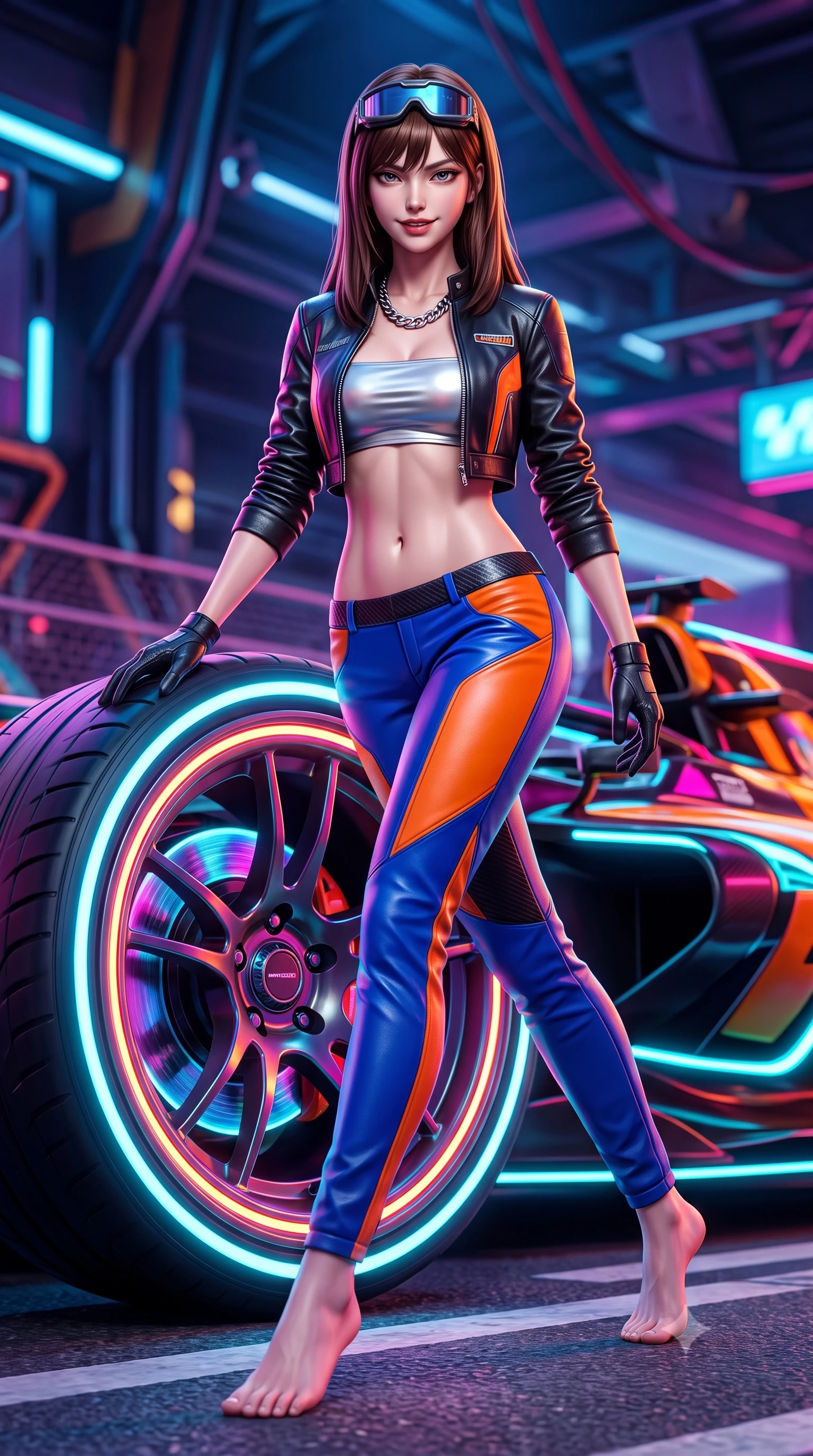 score_9, masterpiece, best quality, ultra-detailed, high-budget anime keyframe, semi-realistic 3D game render, editorial fashion photography, tasteful artistic composition, Korean woman. low angle full-body shot from head to toe showing her feet, filling the entire 9:16 vertical frame with her statuesque presence, stretching her vertical silhouette. striding forward in a proud, dynamic supermodel runway stride, hips swaying in an alluring kinetic rhythm that stretches her silhouette while crouching low beside a glowing neon wheel rim, one hand resting on her thigh, casting an intense, electrifying smirk. The surrounding environment is rendered in vivid detail and crisp panoramic clarity. vibrant high-contrast cyberpunk motorsport chiaroscuro and raw high-speed racing adrenaline in precision. She has an absolutely perfect, statuesque 8.5-heads proportion, an exceptionally tall and slender model-like female figure with impossibly long slender legs, a toned flat midriff, and an ultra-slim waist. sharp v-shaped jawline, high-bridge nose, intricate jewel-like eyes with depth, thick eyelashes, glossy parted lips with a natural sheen, intensely captivating and seductive expression, flawlessly proportioned anatomical accuracy, strict slender model proportions, natural body alignment, perfectly sculpted long slender limbs, ultra-slim waistline, clean dynamic posture without body distortion. wearing a cropped leather racing jacket unzipped over a reflective silver bandeau top and low-rise carbon track pants in electric cobalt blue and high-contrast orange, tailored from supple second-skin lambskin leather adhering to her curves, accessorized with a chunky chrome chain necklace and cyber-visor goggles on her brow, the liquid-tight tailored fabric emphasizing every curve of her tall, slender model proportions and sculptured silhouette. surrounded by a fierce, electrifying, and irresistibly intoxicating motorsport queen aura. highly saturated vibrant anime colors, detailed shading with soft gradients, rich glossy textures, high-contrast stereoscopic depth, volumetric dynamic lighting, master piece, 9:16 ratio