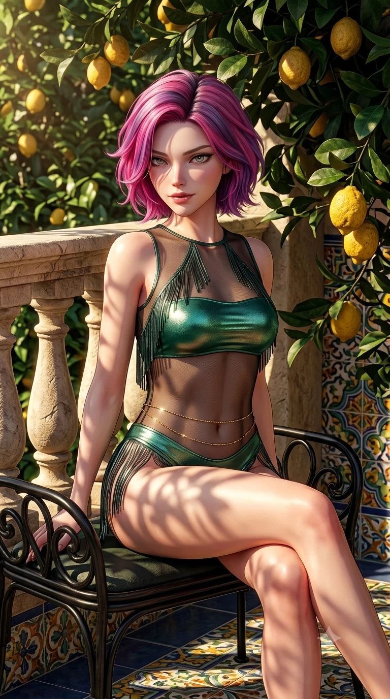 score_9, masterpiece, best quality, ultra-detailed, high-budget anime keyframe, semi-realistic 3D game render, editorial fashion photography, tasteful artistic composition, Caucasian woman. close-up cowboy shot from the waist and thighs up, the character dominates the composition, filling the frame with her large presence. twisting her slender torso in a deep contrapposto stance, hips dramatically shifted to accentuate her feminine curves while looking past her shoulder with smoldering bedroom-eyes while sitting gracefully on the wrought-iron balcony settee with legs crossed, flashing a coquettish smile with parted glossy lips. The surrounding environment is rendered in vivid detail and crisp panoramic clarity: sharp rough lemon rind texture, carved limestone balustrade chisel marks, and majolica ceramic tile patterns in deep focus. She has an exceptionally elegant, slender, and willowy female figure with an ultra-slim waist, flat toned midriff, narrow ribcage, and sculpted feminine hips creating an alluring, slim hourglass silhouette without bulk. sharp v-shaped jawline, high-bridge nose, sparkling eyes with hypnotic seductive depth, thick curled eyelashes, glossy parted lips with a natural dewy peach sheen, alluring bedroom-eyes with an enchanting coquettish smile, exuding magnetic siren charisma and sophisticated glamour, flawlessly proportioned anatomical accuracy, strict slender model proportions, natural body alignment, perfectly sculpted long slender limbs, ultra-slim waistline, clean dynamic posture without body distortion. wearing a provocative sheer illusion mesh resort bodysuit with fringe trim layered over an opaque bandeau and briefs in emerald sea green and polished titanium, crafted from luxurious metallic lamé that shifts radiance with every step, accented with a dainty gold belly chain resting across her flat midriff and curving hips, the impeccably tailored cut draping gracefully along her slender figure with aristocratic resort poise. bathed in warm 2900K afternoon sunbeams filtering through dense green lemon foliage creating intricate organic shadow patterns. highly saturated vibrant anime colors, detailed shading with soft gradients, rich glossy textures, high-contrast stereoscopic depth, volumetric dynamic lighting, master piece, 9:16 ratio
