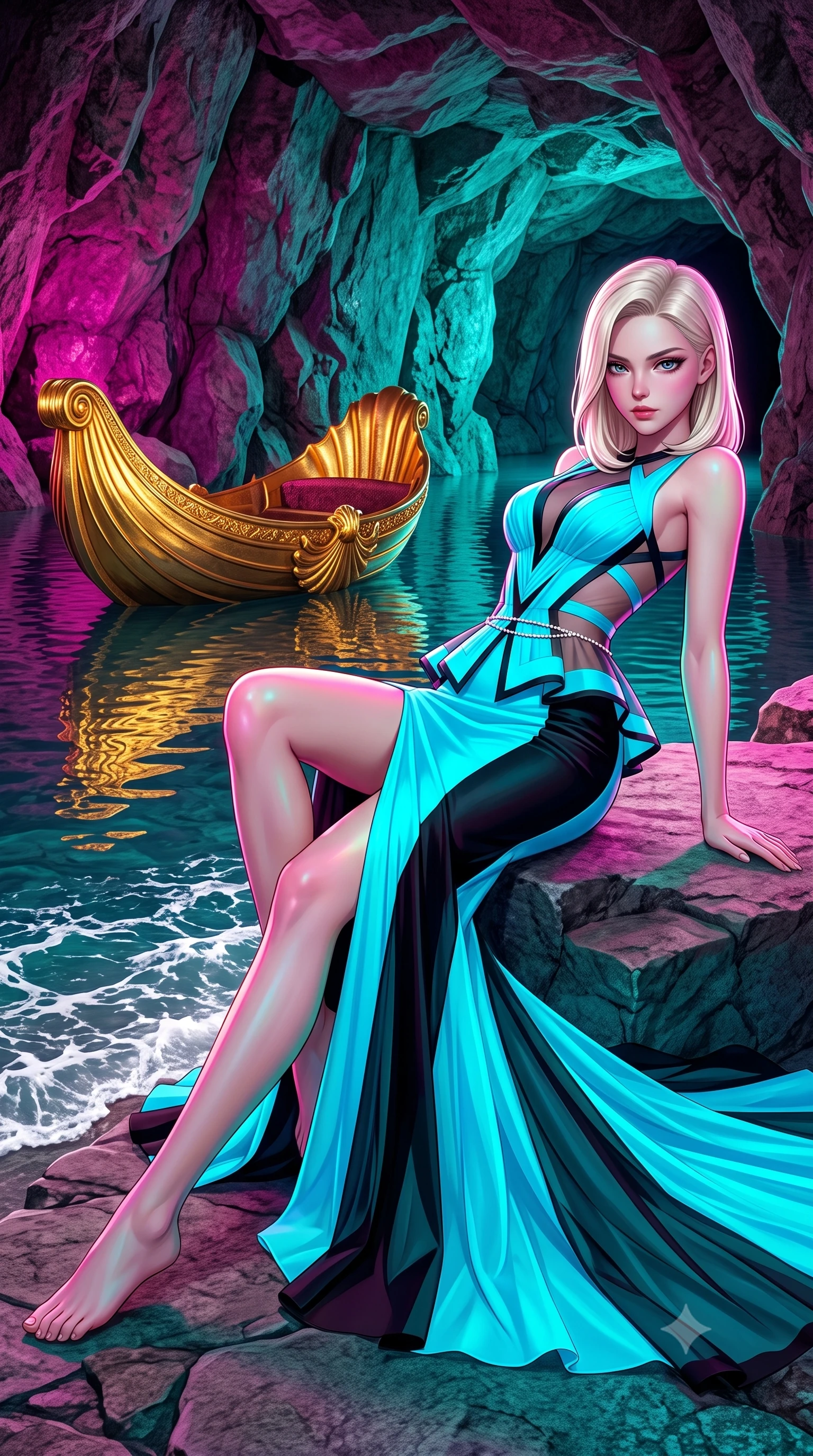 score_9, masterpiece, best quality, ultra-detailed, high-budget anime keyframe, semi-realistic 3D game render, editorial fashion photography, tasteful artistic composition, Caucasian woman. low angle full-body shot from head to toe showing her feet, filling the entire 9:16 vertical frame with her statuesque presence, stretching her vertical silhouette. reclining on her side in an elegant Cleopatra pose with one knee drawn up, the dramatic contour of her rounded hips and long slender legs commanding the 9:16 vertical frame while standing on the edge of the subterranean illuminated lake beside King Ludwig's ornate golden shell boat, arching her back as artificial waves lap at stone shores. The surrounding environment is rendered in vivid detail and crisp panoramic clarity. detailed brocade gown weave, colored light reflections on skin, and Linderhof grotto rockwork in high resolution. She has an exceptionally tall and slender model-like 8.5-heads proportion, an ultra-slim waist, a flat toned midriff, narrow delicate ribcage, and beautifully sculpted feminine hips creating a graceful, slim hourglass silhouette without any bulky heaviness, with impossibly long slender legs. sharp v-shaped jawline, high-bridge nose, intricate jewel-like eyes with depth, thick eyelashes, glossy parted lips with a natural sheen, intensely captivating and seductive bedroom-eyes expression, flawlessly proportioned anatomical accuracy, strict slender model proportions, natural body alignment, perfectly sculpted long slender limbs, ultra-slim waistline, clean dynamic posture without body distortion. wearing a structural geometric peplum gown with sheer side-ribbon cutouts and form-fitting skirt in neon electric cyan and lacquer black, woven from layered gossamer chiffon with a weightless sweeping drape, accented with a dainty diamond waist chain catching the ambient light reflections, the liquid-tight tailored fabric clinging flawlessly to her narrow waist and rounded feminine hips, emphasizing every millimeter of her sculpted slim hourglass curves without any bulky heaviness. bathed in vibrant theatrical magenta and turquoise cave lighting contrasting with golden boat reflections. highly saturated vibrant anime colors, detailed shading with soft gradients, rich glossy textures, high-contrast stereoscopic depth, volumetric dynamic lighting, master piece, 9:16 ratio