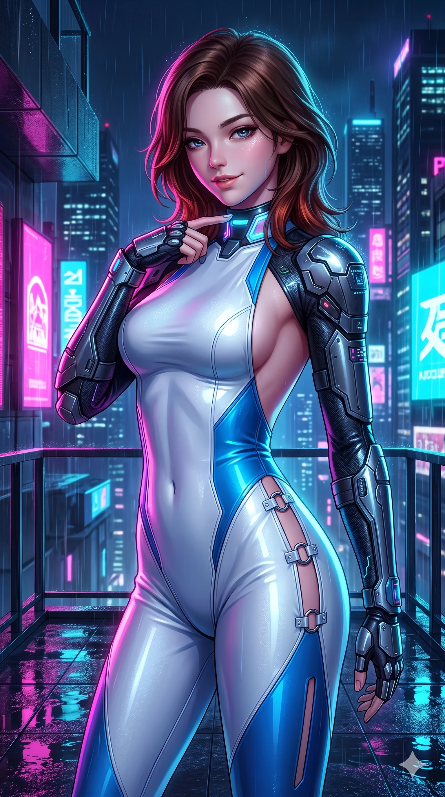 score_9, masterpiece, best quality, ultra-detailed, high-budget anime keyframe, semi-realistic 3D game render, editorial fashion photography, tasteful artistic composition, Korean woman. close-up cowboy shot from the waist and thighs up, the character dominates the composition, filling the frame with her large presence. tilting her head with a teasing half-smile, running one finger slowly along her glowing comm-link collar in a flirtatious gesture while twisting her slender torso in an alluring contrapposto, vibrant magenta and electric cyan billboard glows tracing her narrow waist and curvy hips. The surrounding environment is rendered in vivid detail and crisp panoramic clarity: intricate cyber-samurai armor accents, form-fitting latex weave, and rain-slicked high-tech balcony architecture in razor-sharp precision. She has an exceptionally elegant, slender, and willowy female figure with an ultra-slim waist, flat toned midriff, narrow ribcage, and sculpted feminine hips creating an alluring, slim hourglass silhouette without bulk. sharp v-shaped jawline, high-bridge nose, intricate jewel-like sparkling eyes with depth, thick eyelashes, glossy parted lips with a natural sheen, bright confident smile with an enchanting and coquettish sensual glint, exuding both youthful magnetic charm and sovereign high-tech allure, flawlessly proportioned anatomical accuracy, strict slender model proportions, natural body alignment, perfectly sculpted long slender limbs, ultra-slim waistline, clean dynamic posture without body distortion. wearing an alluring backless liquid titanium halterneck jumpsuit with deep scoop back down to her lower spine and hip ventilation slits in arctic snowflake white and electric plasma blue, made of flexible bullet-resistant ballistic microfiber with high-tensile strength, finished with sharp laser-cut side ventilation slits framed by silver hardware rings, the glove-like clinging cut tightly following the natural contour of her hips and long slender legs with youthful 8.5-heads elegance. illuminated by terrace floor puddle reflections and sharp magenta-cyan rim lights sculpting her razor-sharp jawline, narrow waist, and curvy hips. highly saturated vibrant anime colors, detailed shading with soft gradients, rich glossy textures, high-contrast stereoscopic depth, volumetric dynamic lighting, master piece, 9:16 ratio