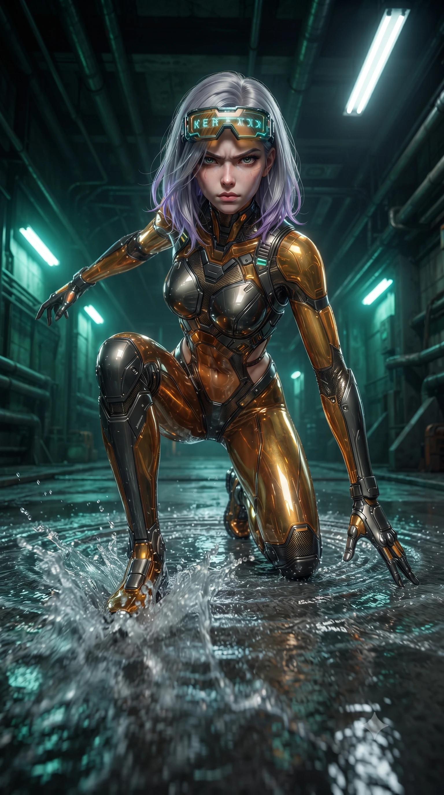 score_9, masterpiece, best quality, ultra-detailed, high-budget anime keyframe, editorial fashion photography, tasteful artistic composition, Caucasian woman. low angle full-body shot from head to toe showing her feet, filling the entire 9:16 vertical frame with her statuesque presence, stretching her vertical silhouette. landing gracefully from a high-altitude leap on one knee and palm, her statuesque silhouette framed by radial shockwave ripples in the ground while sliding across the wet floor into a low sweep stance, sending a high-pressure wave of water cascading toward the camera. The surrounding environment is rendered in vivid detail and crisp panoramic clarity. deep subterranean chiaroscuro and raw industrial conduit engineering rendered with precision. She has an absolutely perfect, statuesque 8.5-heads proportion, an exceptionally tall and slender model-like female figure with impossibly long slender legs, a toned flat midriff, and an ultra-slim waist. sharp v-shaped jawline, high-bridge nose, intricate jewel-like eyes with depth, thick eyelashes, glossy lips with a natural sheen, fierce and resolute heroine expression, flawlessly proportioned anatomical accuracy, strict slender model proportions, natural body alignment, perfectly sculpted long slender limbs, ultra-slim waistline, clean dynamic posture without body distortion. wearing high-tech holographic tactical goggles resting tipped up on her forehead, casting glowing neon runes across her brow without obscuring her features, paired with a form-contouring high-mobility battle-suit featuring sculpted carbon chest plating, diagonal midriff ventilation cutouts, and kinetic knee vambraces in molten amber-gold carbon cuirass with dark gunmetal weave, crafted from semi-translucent cybernetic carbon-vinyl interwoven with glowing micro-filaments, reinforced by a heavy-duty titanium tactical harness and glowing micro-energy status straps, the glove-like aerodynamic second-skin fit tightly clinging to her ultra-slender waist and athletic curves without adding bulk, accentuating her razor-sharp statuesque lines and slim hourglass silhouette. bathed in eerie emerald biochemical uplights and cold white fluorescent ceiling spotlights. ultra-reflective glossy finish, specular highlights, dark metallic sheen, high-contrast stereoscopic depth, volumetric dynamic lighting, 2k, ultra detail, master piece, 9:16 ratio