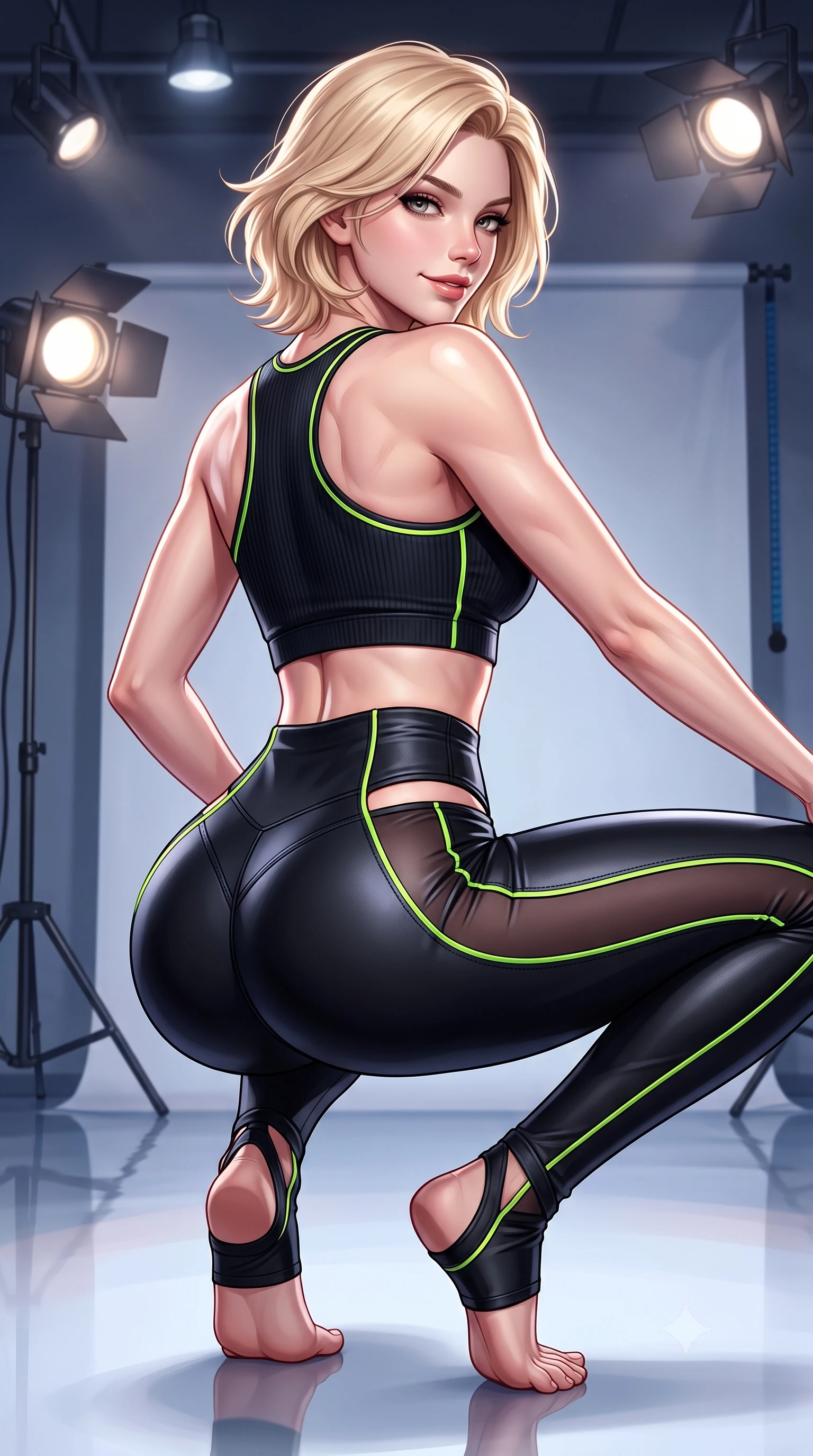 score_9, masterpiece, best quality, ultra-detailed, high-budget anime keyframe, semi-realistic 3D game render, editorial fashion photography, tasteful artistic composition, Caucasian woman. close-up cowboy shot from the waist and thighs up, the character dominates the composition, filling the frame with her large presence. turning over a bare shoulder with an intoxicating, teasing smile, her soft hair framing her sharp jawline as her hips angle gracefully while crouching in a low, balanced dancer plié on the reflective floor, her athletic feminine curves and toned hips creating a breathtaking line. The surrounding environment is rendered in vivid detail and crisp panoramic clarity. detailed muscle definition, fabric stretch tension lines, and studio spotlight fixtures in high clarity. She has an exceptionally elegant, slender, and willowy female figure with an ultra-slim waist, a gracefully sculpted slender torso, toned flat midriff, and rounded feminine hips creating an alluring hourglass silhouette. sharp v-shaped jawline, high-bridge nose, intricate jewel-like eyes with depth, thick eyelashes, glossy parted lips with a natural sheen, intensely captivating and seductive bedroom-eyes expression, flawlessly proportioned anatomical accuracy, strict slender model proportions, natural body alignment, perfectly sculpted long slender limbs, ultra-slim waistline, clean dynamic posture without body distortion. wearing a seamless ribbed athletic crop top paired with ultra-high-waisted sculpting leggings accentuating her glutes in pitch black with gloss neon piping, tailored from supple stretch leather with precision-stitched seams, accented with sheer stirrup wrap ribbons along her long slender legs, the precision-cut side openings and low-back scoop framing her graceful spine and the sensual sweep of her hips. illuminated by crisp specular rim lights accentuating her narrow waist, curved hips, and long legs. highly saturated vibrant anime colors, detailed shading with soft gradients, rich glossy textures, high-contrast stereoscopic depth, volumetric dynamic lighting, master piece, 9:16 ratio