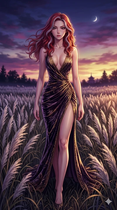 score_9, masterpiece, best quality, ultra-detailed, High-budget Anime Keyframe, East Asian woman. Dynamic full-body shot stretching the vertical silhouette to the limit. Scenario 188: Walking through a field of tall silver grass at twilight. Her pres