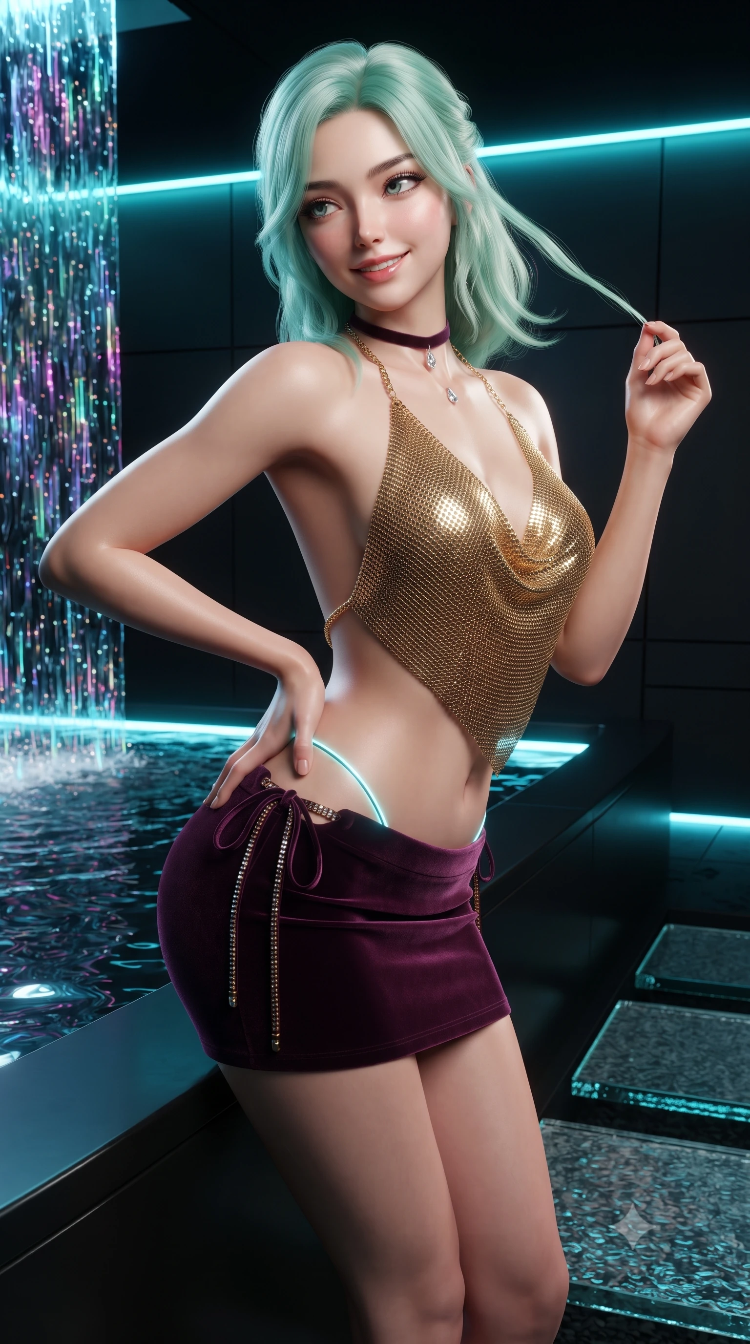 score_9, masterpiece, best quality, ultra-detailed, high-budget anime keyframe, editorial fashion photography, tasteful artistic composition, Japanese woman. close-up cowboy shot from the waist and thighs up, the character dominates the composition, filling the frame with her large presence. twisting her slender torso in an alluring contrapposto stance, one hand resting on her sculpted hip while her fingers toy with her hair with effortless poise while leaning over the black titanium pool rim with hips cocked back, looking back through digital water particles with an alluring smile. The surrounding environment is rendered in vivid detail and crisp panoramic clarity: sharp holographic waterfall code particle edges, glass stepping stone beveled corners, and black titanium wall seams in deep focus. She has an exceptionally elegant, slender, and willowy female figure with an ultra-slim waist, flat toned midriff, narrow ribcage, and sculpted feminine hips creating an alluring, slim hourglass silhouette without bulk. sharp v-shaped jawline, high-bridge nose, sparkling eyes with hypnotic seductive depth, thick curled eyelashes, glossy parted lips with a natural dewy peach sheen, alluring bedroom-eyes with an enchanting coquettish smile, exuding magnetic siren charisma and sophisticated glamour, flawlessly proportioned anatomical accuracy, strict slender model proportions, natural body alignment, perfectly sculpted long slender limbs, ultra-slim waistline, clean dynamic posture without body distortion. wearing a liquid gold chainmail cowl halter top paired with an ultra-low-rise velvet mini skirt and side rhinestone ties in rich dark plum violet and gilded bronze, tailored from fine structural neoprene with crisp architectural edges and smooth contouring, finished with a thin velvet ribbon choker and a single teardrop diamond pendant, the form-contouring silhouette accentuating her sculpted flat midriff, narrow delicate ribcage, and gracefully curvy hips with intoxicating allure. illuminated by basin water specular reflections and sharp electric-cyan rim lights defining her delicate clavicles, narrow waist, and curvy hips. ultra-reflective glossy finish, specular highlights, rich textural contrasts, high-contrast stereoscopic depth, volumetric dynamic lighting, 2k, ultra detail, master piece, 9:16 ratio