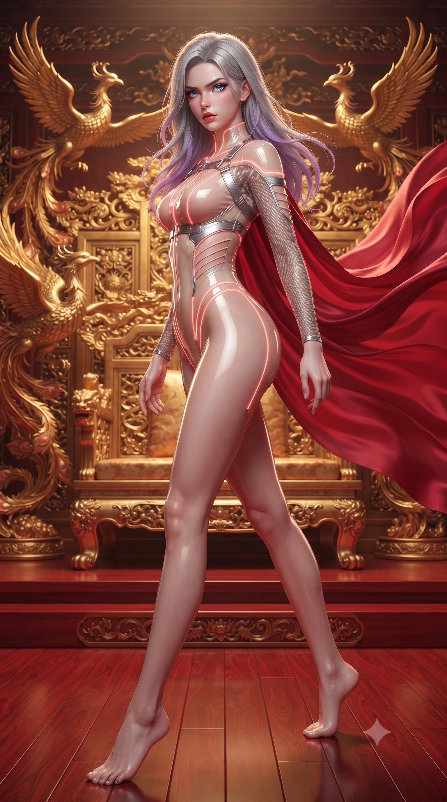 score_9, masterpiece, best quality, ultra-detailed, high-budget anime keyframe, editorial fashion photography, tasteful artistic composition, Caucasian woman. low angle full-body shot from head to toe showing her feet, filling the entire 9:16 vertical frame with her statuesque presence, stretching her vertical silhouette. pivoting dynamically in mid-motion with a breathtakingly alluring posture, displaying her flawless model proportions and ultra-slim waist while pivoting dynamically near a carved gold phoenix throne as flowing crimson silk drapes billow in a warm breeze. The surrounding environment is rendered in vivid detail and crisp panoramic clarity. intricate gold-plated phoenix sculptures, polished red lacquer floor grain, and silk embroidery in deep focus. She has an absolutely perfect, statuesque 8.5-heads proportion, an exceptionally tall and slender model-like female figure with impossibly long slender legs, a toned flat midriff, and an ultra-slim waist. sharp v-shaped jawline, high-bridge nose, intricate jewel-like eyes with depth, thick eyelashes, glossy lips with a natural sheen, flawlessly proportioned anatomical accuracy, strict slender model proportions, natural body alignment, perfectly sculpted long slender limbs, ultra-slim waistline, clean dynamic posture without body distortion. wearing an ultra-sleek high-cut tech-bodysuit featuring dangerous diagonal slitted cutouts on the midriff and shoulders, reinforced by a metallic silver harness and sheer mesh sleeves in radiant coral pink and champagne ivory, tailored from semi-translucent cybernetic vinyl with glowing micro-filaments, accented with glowing fiber-optic seams tracing her collarbones and hip curves, the form-contouring material adhering flawlessly to her sculpted flat midriff and slender torso, emphasizing her long leg lines and perfectly proportioned willowy build. surrounded by an opulent, royal, and fiercely captivating oriental empress aura. ultra-reflective glossy finish, specular highlights, metallic sheen, high-contrast stereoscopic depth, volumetric dynamic lighting, 2k, ultra detail, master piece, 9:16 ratio