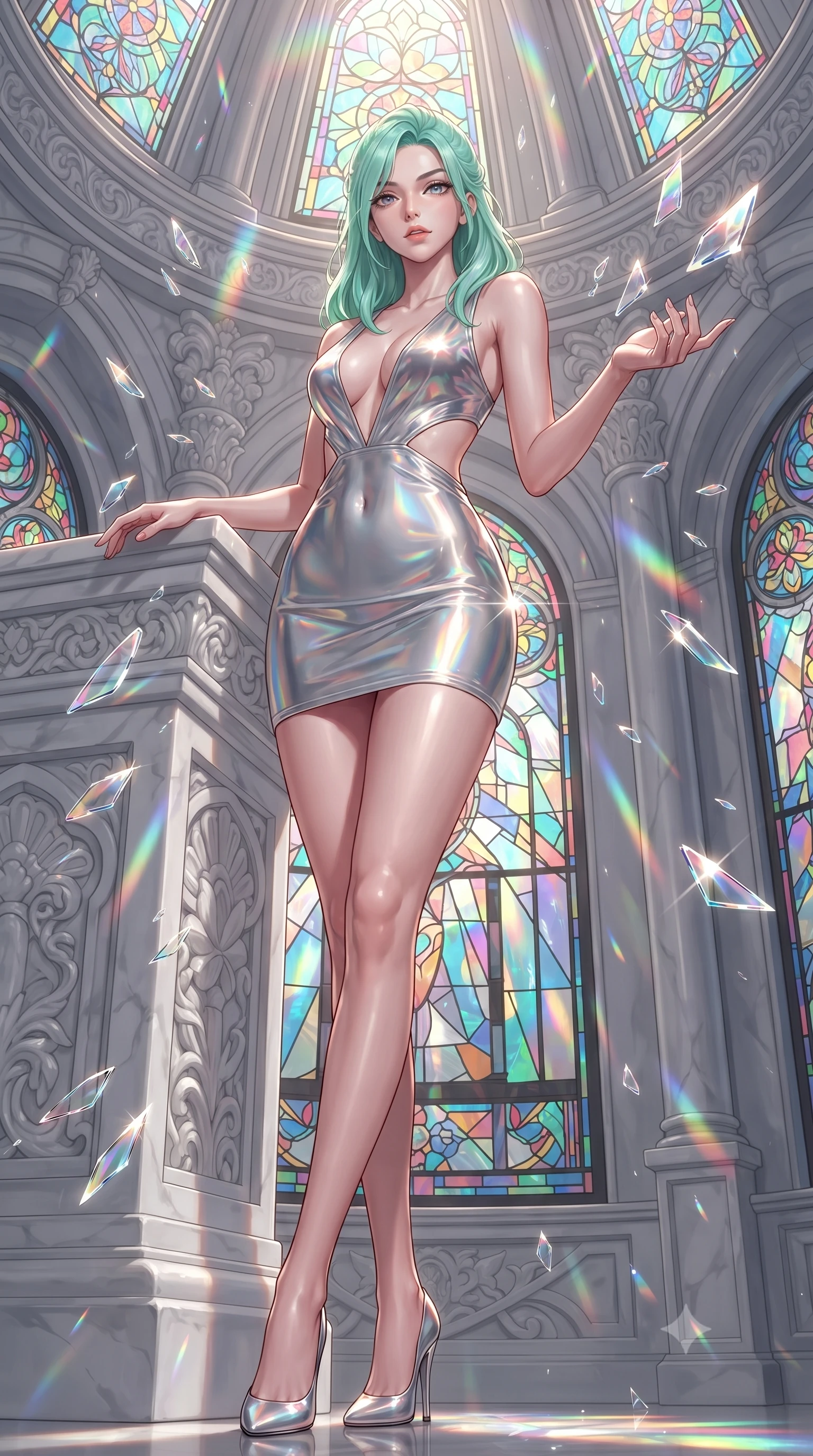 score_9, masterpiece, best quality, ultra-detailed, high-budget anime keyframe, editorial fashion photography, tasteful artistic composition, Japanese woman. low angle full-body shot from head to toe showing her feet, filling the entire 9:16 vertical frame with her statuesque presence, stretching her vertical silhouette. interacting gracefully with the magical floating elements while maintaining a confident posture resting against a sculpted white marble pillar under a rainbow dome, shattered glass shards catching bright specular highlights in mid-air. She has an absolutely perfect, statuesque 8.5-heads proportion, an exceptionally tall and slender model-like female figure with impossibly long slender legs and an ultra-slim waist. sharp v-shaped jawline, high-bridge nose, intricate jewel-like eyes with depth, thick eyelashes, glossy lips with a natural sheen. wearing a liquid mercury gloss mini dress with ultra-deep plunging V-neck and dramatic waist cutouts, the sleek second-skin texture accentuating her magnetic presence. bathed in cascading rainbow prismatic light refracting through stained glass. ultra-reflective glossy finish, specular highlights, metallic sheen, high-contrast stereoscopic depth, volumetric dynamic lighting, 2k, ultra detail, master piece, 9:16 ratio