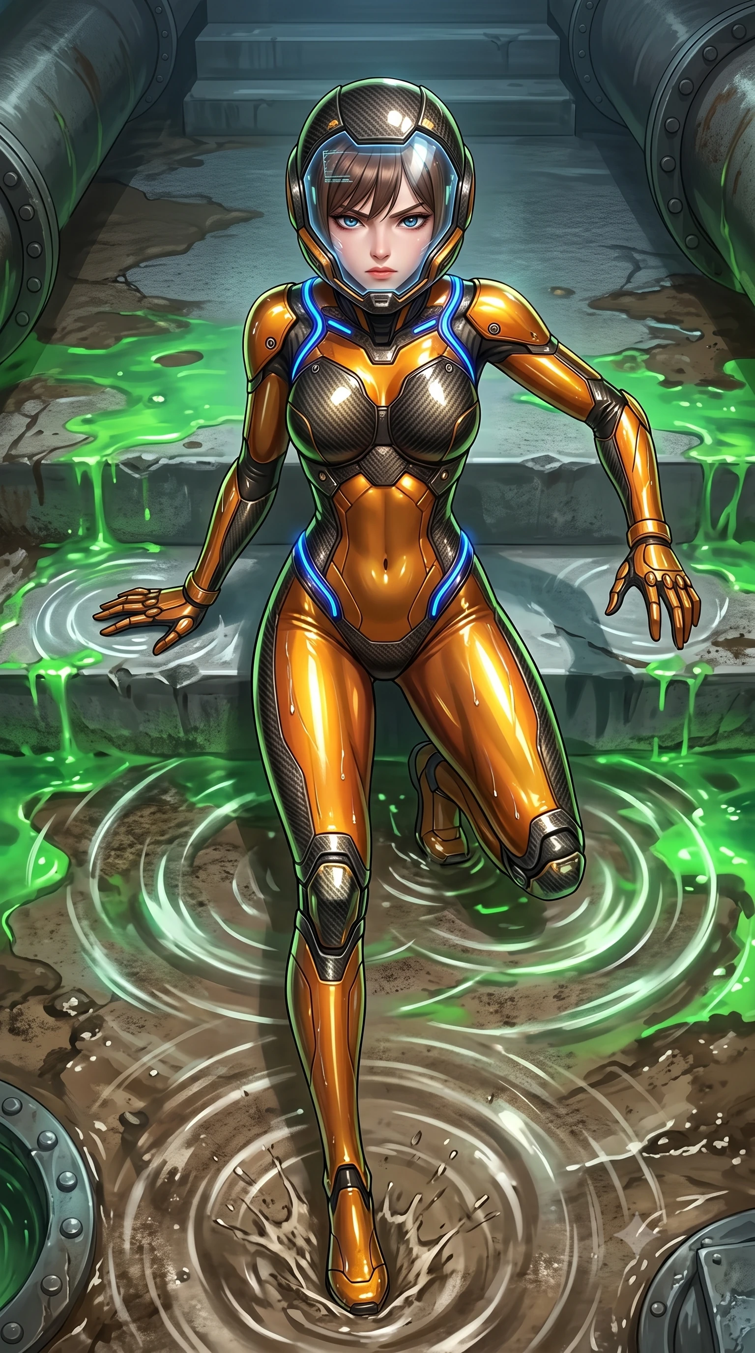score_9, masterpiece, best quality, ultra-detailed, high-budget anime keyframe, semi-realistic 3D game render, editorial fashion photography, tasteful artistic composition, Korean woman. low angle full-body shot from head to toe showing her feet, filling the entire 9:16 vertical frame with her statuesque presence, stretching her vertical silhouette. landing gracefully from a high-altitude leap on one knee and palm, her statuesque silhouette framed by radial shockwave ripples in the ground while pivoting dynamically on submerged concrete steps as glowing green bio-chemical sludge reflects off her polished armor. The surrounding environment is rendered in vivid detail and crisp panoramic clarity. detailed drainage pipe rivets, water ripple caustics, and mud-scuffed armor accents in high resolution. She has an absolutely perfect, statuesque 8.5-heads proportion, an exceptionally tall and slender model-like female figure with impossibly long slender legs, a toned flat midriff, and an ultra-slim waist. sharp v-shaped jawline, high-bridge nose, intricate jewel-like eyes with depth, thick eyelashes, glossy lips with a natural sheen, fierce and resolute heroine expression, flawlessly proportioned anatomical accuracy, strict slender model proportions, natural body alignment, perfectly sculpted long slender limbs, ultra-slim waistline, clean dynamic posture without body distortion. wearing an open-face aerodynamic carbon-fiber combat helmet with a retracted transparent holographic HUD visor framing her sharp jawline and jewel-like eyes, paired with a form-contouring high-mobility battle-suit featuring sculpted carbon chest plating, diagonal midriff ventilation cutouts, and kinetic knee vambraces in molten amber-gold carbon cuirass with dark gunmetal weave, formed from high-gloss patent carbon-plating with specular dystopian chiaroscuro reflections, accented with glowing fiber-optic telemetry conduits tracing her collarbones and hip curves, the liquid-tight tailored fabric emphasizing every curve of her tall, slender model proportions and sculptured silhouette during dynamic movement. illuminated by wet reflective highlights tracing her sculpted collarbones, waistline, and long slender legs. rich saturated anime colors with glowing neon highlights, detailed shading with soft gradients, rich glossy textures, high-contrast stereoscopic depth, volumetric dynamic lighting, master piece, 9:16 ratio