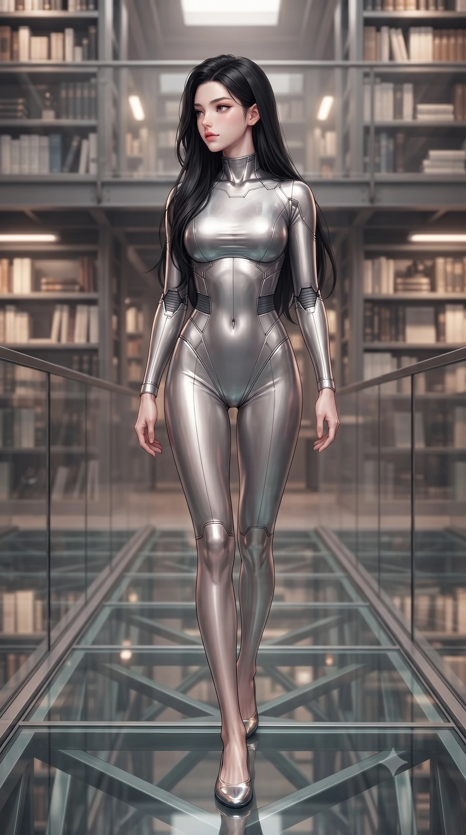 score_9, masterpiece, best quality, ultra-detailed, high-budget anime keyframe, editorial fashion photography, tasteful artistic composition, Korean woman. low angle full-body shot from head to toe showing her feet, filling the entire 9:16 vertical frame with her statuesque presence, stretching her vertical silhouette. walking slowly along a glass skybridge, looking back over her shoulder with an air of effortless grace, the background shows a soft-focus a citadel library room with metal shelves, manuals, and technical archives. She has an absolutely perfect, statuesque 8.5-heads proportion, an exceptionally tall and slender model-like female figure with impossibly long slender legs and an ultra-slim waist. sharp v-shaped jawline, high-bridge nose, intricate jewel-like eyes with depth, thick eyelashes, glossy lips with a natural sheen. wearing a body-hugging body-hugging titanium-sheen mock-neck bodysuit, featuring elastic compression panels at the waist. soft warm reading lights creating a quiet, focused, and meditative mood. ultra-reflective glossy finish, specular highlights, metallic sheen, high-contrast stereoscopic depth, volumetric dynamic lighting, 2k, ultra detail, master piece, 9:16 ratio