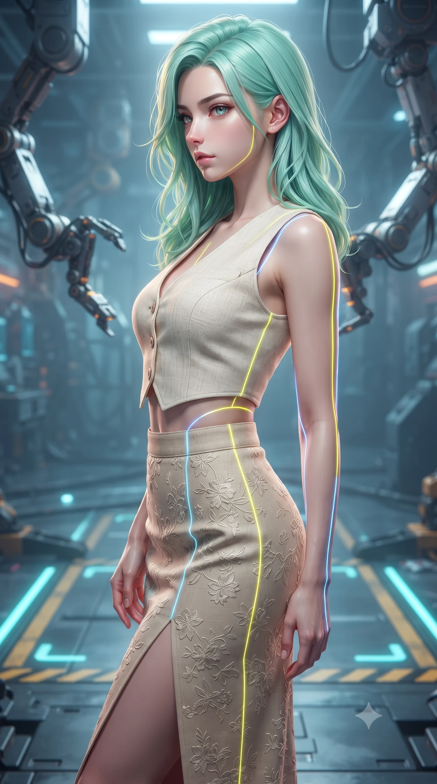 score_9, masterpiece, best quality, ultra-detailed, high-budget anime keyframe, editorial fashion photography, tasteful artistic composition, Japanese woman. close-up cowboy shot from the waist and thighs up, the character dominates the composition, filling the frame with her large presence, background elements kept in soft focus. turning her face in sharp profile, casting a cold, mysterious, yet intensely alluring side gaze, the background shows a soft-focus an automated drone maintenance bay with mechanical arms and neon floor markings. She has an exceptionally elegant, slender, and willowy female figure with an ultra-slim waist, a gracefully sculpted slender torso, and a refined silhouette. sharp v-shaped jawline, high-bridge nose, intricate jewel-like eyes with depth, thick eyelashes, glossy lips with a natural sheen. wearing a form-contouring tailored vacation outfit of a linen crop vest and a matching side-slit midi skirt, revealing a subtle waist cutout. intense yellow and blue laser lines tracing her form with precision. highly saturated vibrant anime colors, detailed shading with soft gradients, rich glossy textures, high-contrast stereoscopic depth, volumetric dynamic lighting, master piece, 9:16 ratio