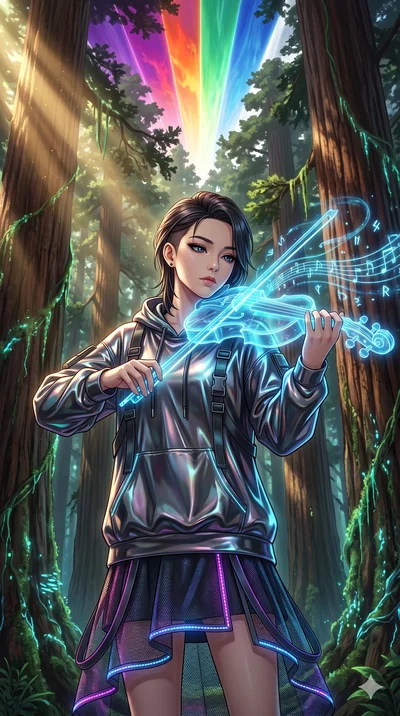 score_9, masterpiece, best quality, ultra-detailed, Set A: High-budget Anime Keyframe, Korean woman. Upper body close-up from the thighs up, character filling the screen for maximum presence. Theme: Primal Nature. playing a holographic violin in a gi