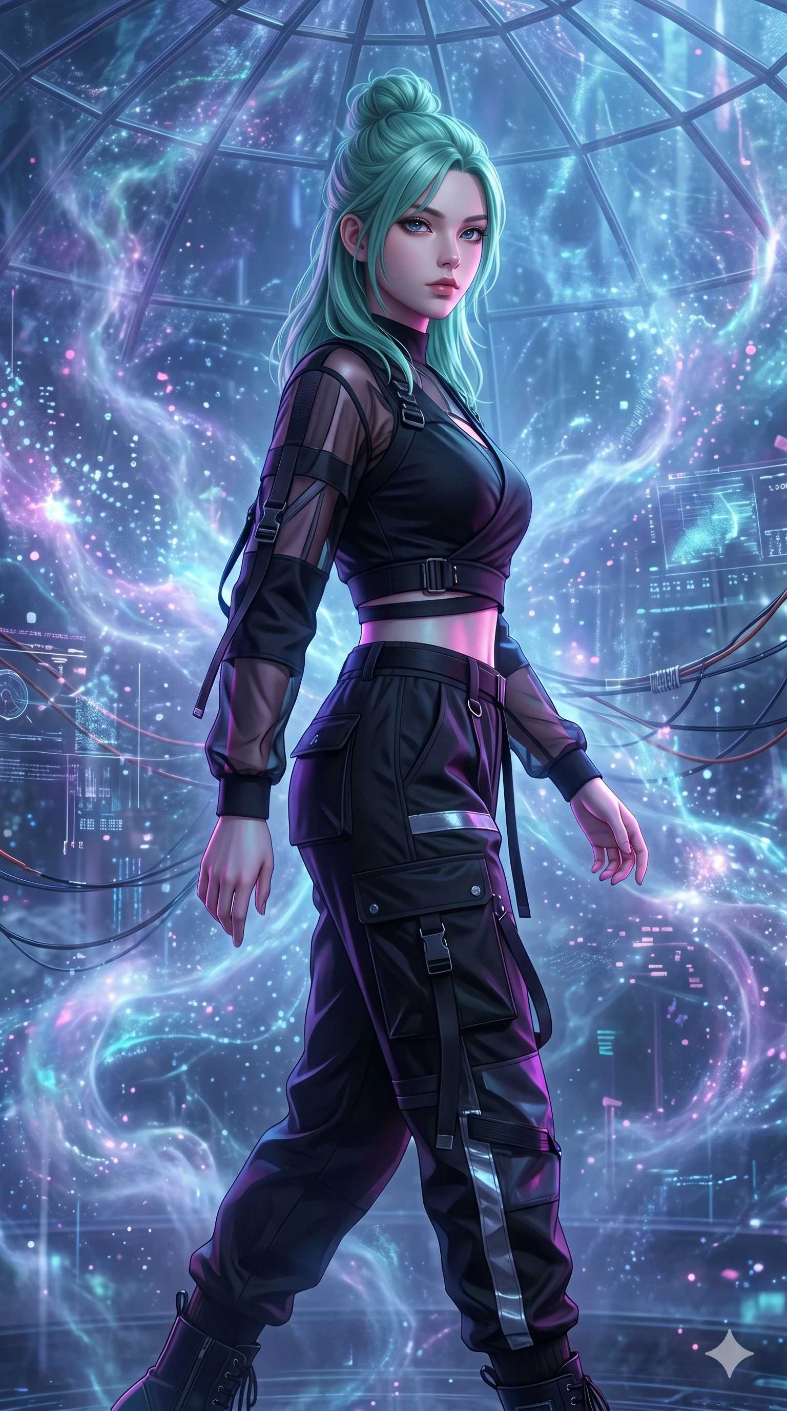 score_9, masterpiece, best quality, ultra-detailed, high-budget anime keyframe, semi-realistic 3D game render, Japanese woman. Upper body close-up from the thighs up, character filling the screen for maximum presence. Standing in a glass dome filled with swirling digital mist, walking through the mist, looking back with an enigmatic, intense gaze. She is wearing a cropped wrap top with sheer panels and high-waisted cargo pants. The scene is bathed in the blue and purple light filtering through the digital mist. 2k, ultra detail, master piece, 9:16 ratio