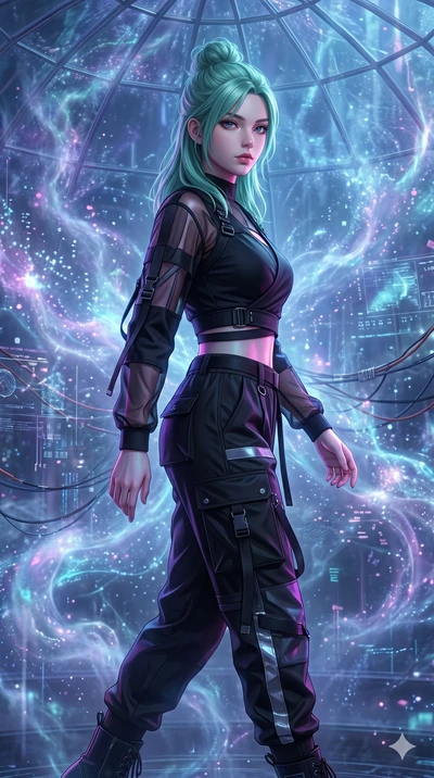 score_9, masterpiece, best quality, ultra-detailed, high-budget anime keyframe, semi-realistic 3D game render, Japanese woman. Upper body close-up from the thighs up, character filling the screen for maximum presence. Standing in a glass dome filled 