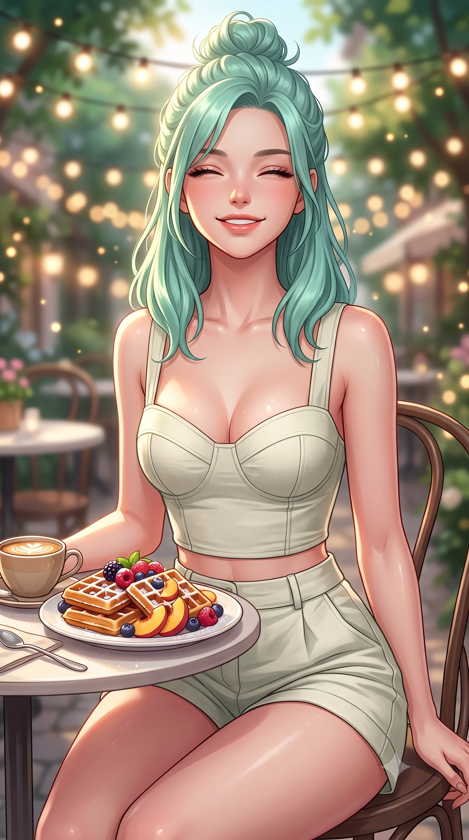 score_9, masterpiece, best quality, ultra-detailed, high-budget anime keyframe, editorial fashion photography, tasteful artistic composition, Japanese woman. close-up cowboy shot from the waist and thighs up, the character dominates the composition, filling the frame with her large presence, background elements kept in soft focus. smiling happily with closed eyes, enjoying the warm sunbeams on her face set against a soft-focus background of at an outdoor garden table of a cozy Italian bistro decorated with fairy lights with a plate of fresh fruit waffles and a cup of coffee on the table. She has an exceptionally elegant, slender, and willowy female figure with an ultra-slim waist, a gracefully sculpted slender torso, and a refined silhouette. sharp v-shaped jawline, high-bridge nose, intricate jewel-like eyes with depth, thick eyelashes, glossy lips with a natural sheen. wearing slim-fit tailored cotton bustier top paired with high-waist tailored shorts. gentle, warm ambient lighting highlighting the delicious food and her face. highly saturated vibrant anime colors, detailed shading with soft gradients, rich glossy textures, high-contrast stereoscopic depth, volumetric dynamic lighting, master piece, 9:16 ratio