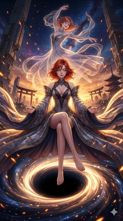 score_9, masterpiece, best quality, ultra-detailed, Set A: High-budget Anime Keyframe, Japanese woman. Low angle cowboy shot filling the entire 9:16 frame with her statuesque presence. Theme: Urban Decay. meditating in the edge of a black hole, as he