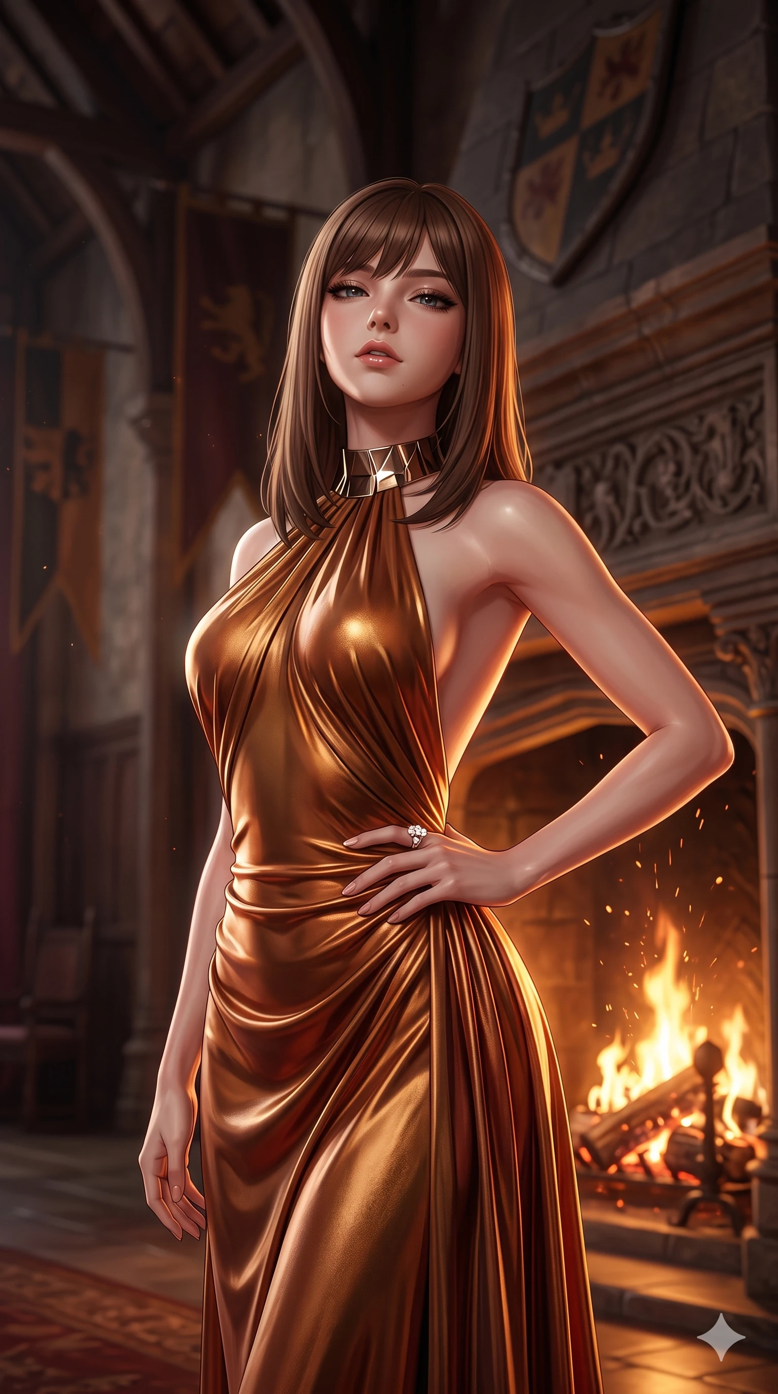 score_9, masterpiece, best quality, ultra-detailed, high-budget anime keyframe, semi-realistic 3D game render, editorial fashion photography, tasteful artistic composition, Korean woman. close-up cowboy shot from the waist and thighs up, the character dominates the composition, filling the frame with her large presence. tilting her chin up with proud, sovereign allure while gazing through thick eyelashes, one hand resting on her waist in pure supermodel charisma while twisting her slender torso in an alluring contrapposto stance, flickering amber firelight wrapping around her flat midriff and hourglass curves. The composition keeps background elements in soft focus with creamy bokeh: towering carved stone mantelpiece with burning oak logs, ancient clan heraldic banners, and high vaulted timber rafters blurred into amber, charcoal, and burgundy bokeh. She has an exceptionally elegant, slender, and willowy female figure with an ultra-slim waist, flat toned midriff, narrow ribcage, and sculpted feminine hips creating an alluring, slim hourglass silhouette without bulk. sharp v-shaped jawline, high-bridge nose, intricate jewel-like eyes with depth, thick eyelashes, glossy parted lips with a natural sheen, intensely captivating and seductive bedroom-eyes expression, flawlessly proportioned anatomical accuracy, strict slender model proportions, natural body alignment, perfectly sculpted long slender limbs, ultra-slim waistline, clean dynamic posture without body distortion. wearing an open-back halterneck gala gown in liquid bronze jersey that drapes gracefully along her slender spine in molten desert gold and burnt terracotta, tailored from water-resistant treated wool gabardine and flexible stretch silk, complemented by a bold geometric choker and sparkling cocktail ring, the impeccably tailored cut draping gracefully along her slender figure with aristocratic poise. highly saturated vibrant anime colors, detailed shading with soft gradients, rich glossy textures, master piece, 9:16 ratio. highly saturated vibrant anime colors, detailed shading with soft gradients, rich glossy textures, high-contrast stereoscopic depth, volumetric dynamic lighting, master piece, 9:16 ratio