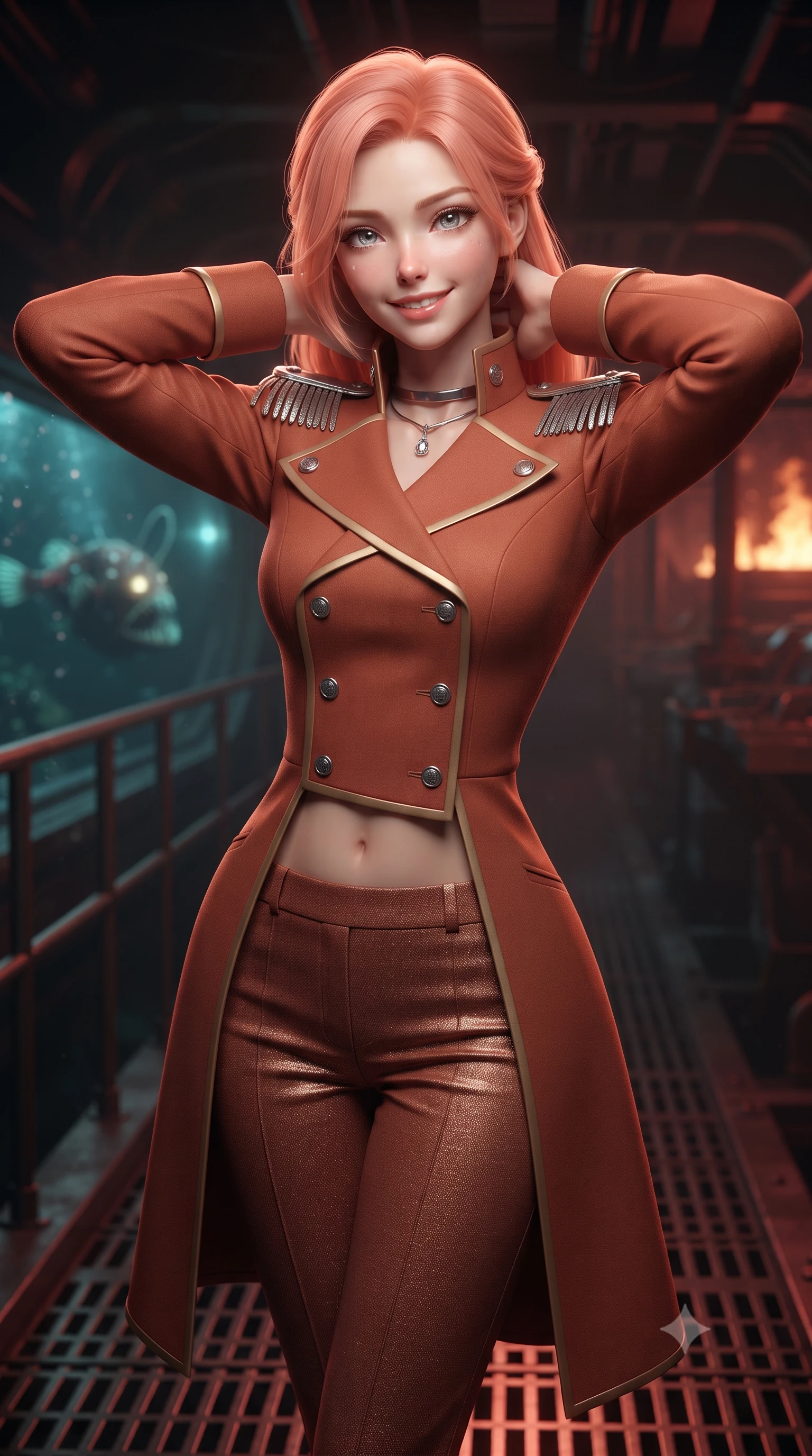 score_9, masterpiece, best quality, ultra-detailed, high-budget anime keyframe, editorial fashion photography, tasteful artistic composition, Japanese woman. close-up cowboy shot from the waist and thighs up, the character dominates the composition, filling the frame with her large presence. resting both hands lightly behind her neck with elbows raised, arching her spine to highlight her narrow waist, flat midriff, and breathtaking collarbones while standing poised on the grated steel catwalk above flooded torpedo launch tubes, arching her spine with mysterious siren elegance as deep-sea anglerfish glow through the thick glass. The background shows a soft-focus condensing humidity droplets softened in deep-sea combat submarine bay shallow focus. She has an exceptionally elegant, slender, and willowy female figure with an ultra-slim waist, flat toned midriff, narrow ribcage, and sculpted feminine hips creating an alluring, slim hourglass silhouette without bulk. sharp v-shaped jawline, high-bridge nose, intricate jewel-like sparkling eyes with depth, thick eyelashes, glossy parted lips with a natural peach sheen, bright cheerful beaming smile with an enchanting and coquettish sensual glint, exuding both youthful cute charm and seductive allure, flawlessly proportioned anatomical accuracy, strict slender model proportions, natural body alignment, perfectly sculpted long slender limbs, ultra-slim waistline, clean dynamic posture without body distortion. wearing a tailored orbital navy officer dress uniform featuring a structured double-breasted coat with silver epaulets, high mandarin collar, and matching pressed slacks in Martian desert terracotta and dust-storm gold, tailored from high-density tech-wool with subtle metallic thread weave, finished with a minimalist chrome choker and a single teardrop diamond pendant, the bespoke structured tailoring following the natural line of her 8.5-heads silhouette with refined elegance. bathed in moody 660nm deep red tactical battle stations lighting mixed with golden geothermal exterior fires. ultra-reflective glossy finish, specular highlights, rich textural contrasts, high-contrast stereoscopic depth, volumetric dynamic lighting, 2k, ultra detail, master piece, 9:16 ratio
