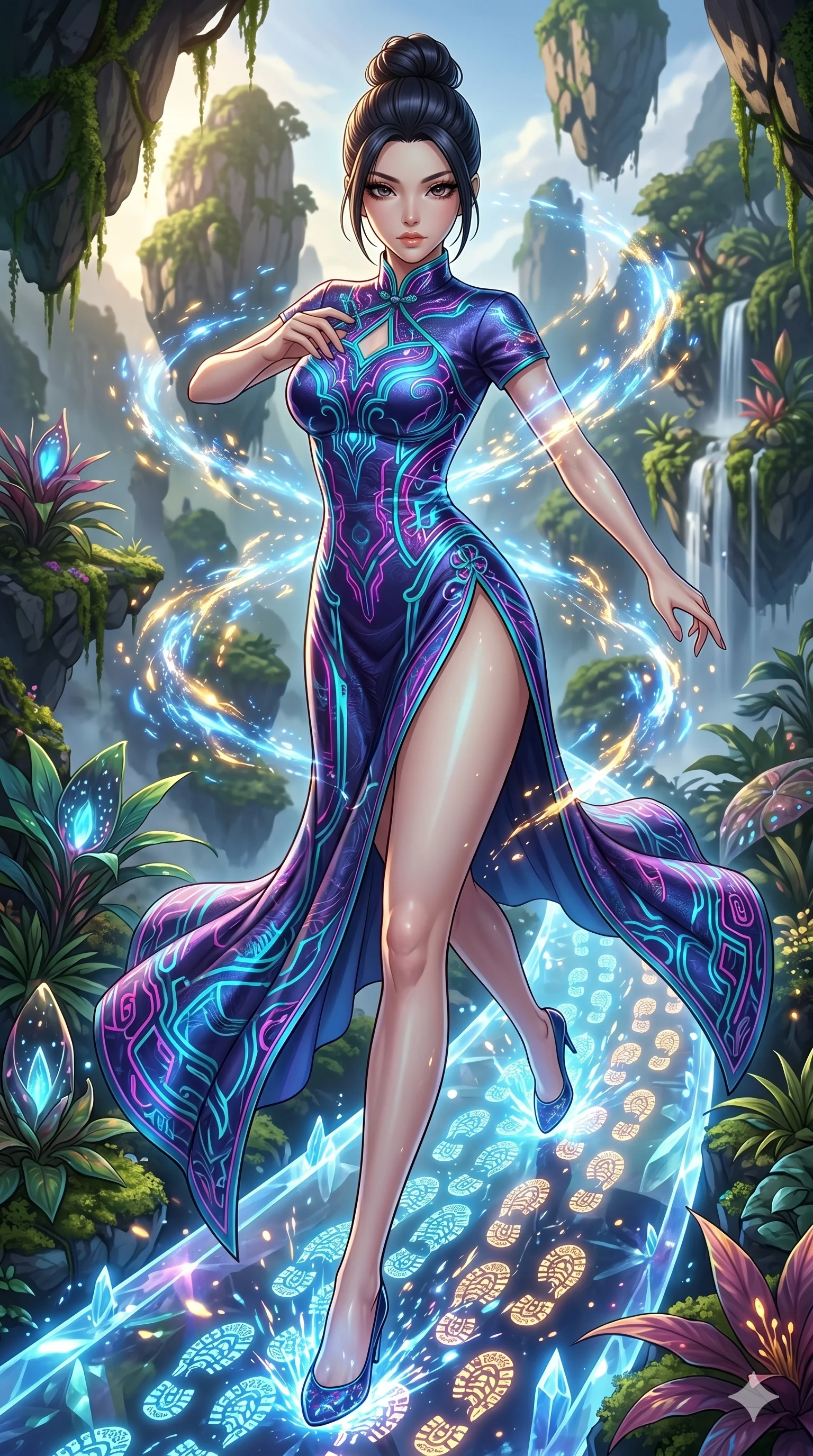 score_9, masterpiece, best quality, ultra-detailed, Set A: High-budget Anime Keyframe, Japanese woman. Upper body close-up from the thighs up, character filling the screen for maximum presence. Sliding through a floating botanical garden, as she leaves a trail of 218 glowing footprints and surrounded by glowing energy sparks. She has an absolutely perfect 8-heads proportion, an exceptionally tall and slender female figure with impossibly long slender legs and an ultra-slim waist. Sharp v-shaped jawline, high-bridge nose, intricate jewel-like eyes with depth, thick eyelashes, glossy lips with a natural sheen. Wearing Ornate traditional silk gown with futuristic glowing patterns and a massive high slit. Cinematic lighting, vibrant colors, dramatic shadows, 2k, ultra detail, master piece, 9:16 ratio