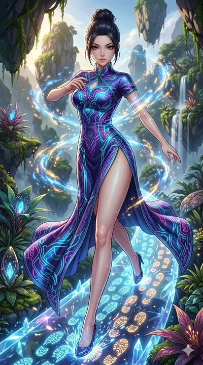score_9, masterpiece, best quality, ultra-detailed, Set A: High-budget Anime Keyframe, Japanese woman. Upper body close-up from the thighs up, character filling the screen for maximum presence. Sliding through a floating botanical garden, as she leav