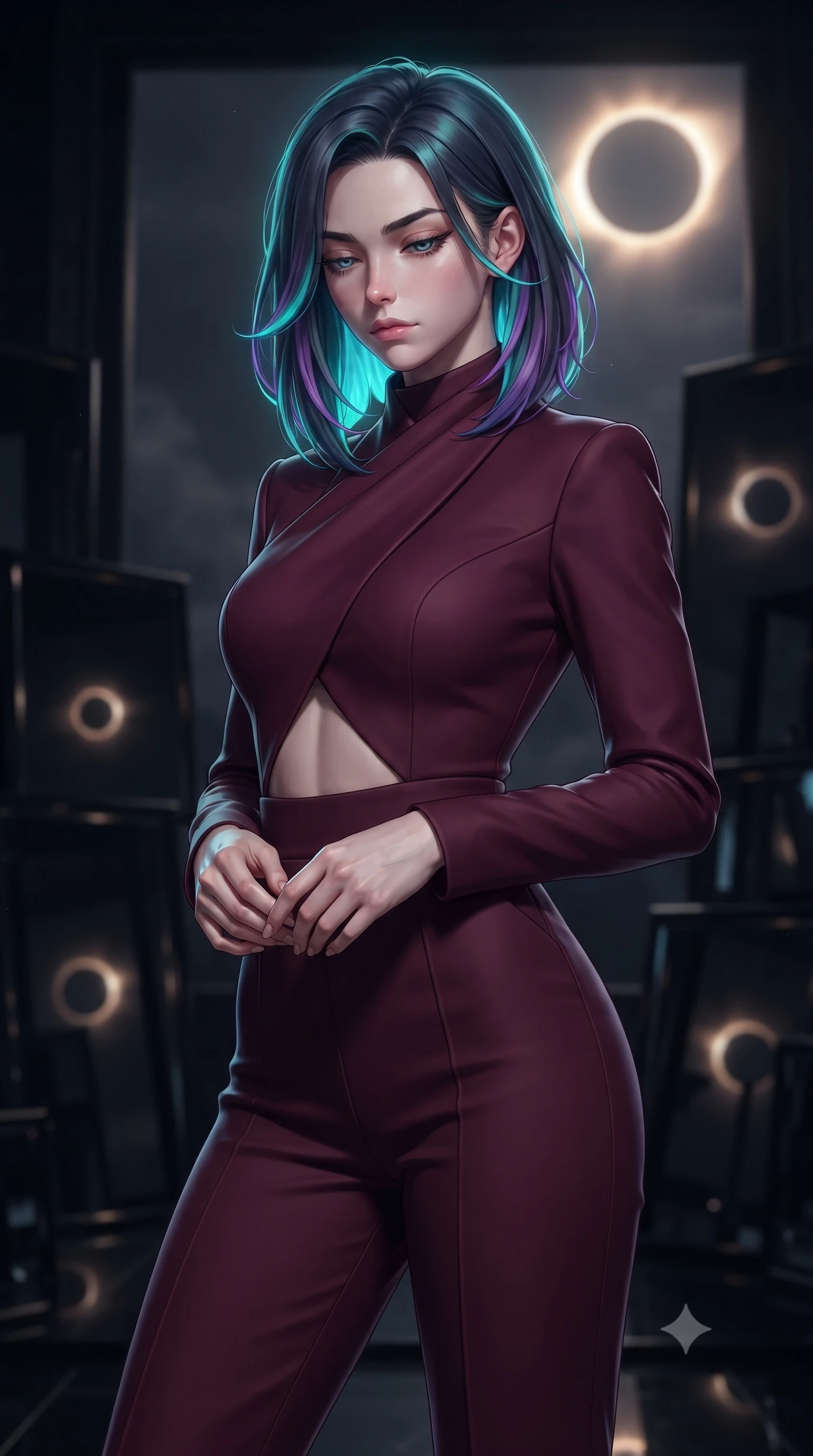 score_9, masterpiece, best quality, ultra-detailed, high-budget anime keyframe, editorial fashion photography, tasteful artistic composition, Caucasian woman, strictly human ears. close-up cowboy shot from the waist and thighs up, the character dominates the composition, filling the frame with her large presence, background elements kept in soft focus. Looking down with lowered lashes and a composed powerful expression. set against a soft-focus background of an ancient obsidian mirror temple during a total solar eclipse with the sun's corona forming a ring of sacred fire in the darkened sky every polished obsidian surface reflecting the eclipsed sun in duplicate. She has an exceptionally elegant and slender, willowy female figure with an ultra-slim waist, a gracefully sculpted slender torso, and a refined slim physique. sharp v-shaped jawline, high-bridge nose, intricate jewel-like eyes with depth, thick eyelashes, glossy lips with a natural sheen. wearing a precision-tailored jumpsuit in deep burgundy with a high wrap-front neck, highlighting her slim waist and long legs. brilliant cinematic volumetric lighting with intense neon rim light outlining her form. 2k, ultra detail, master piece, 9:16 ratio