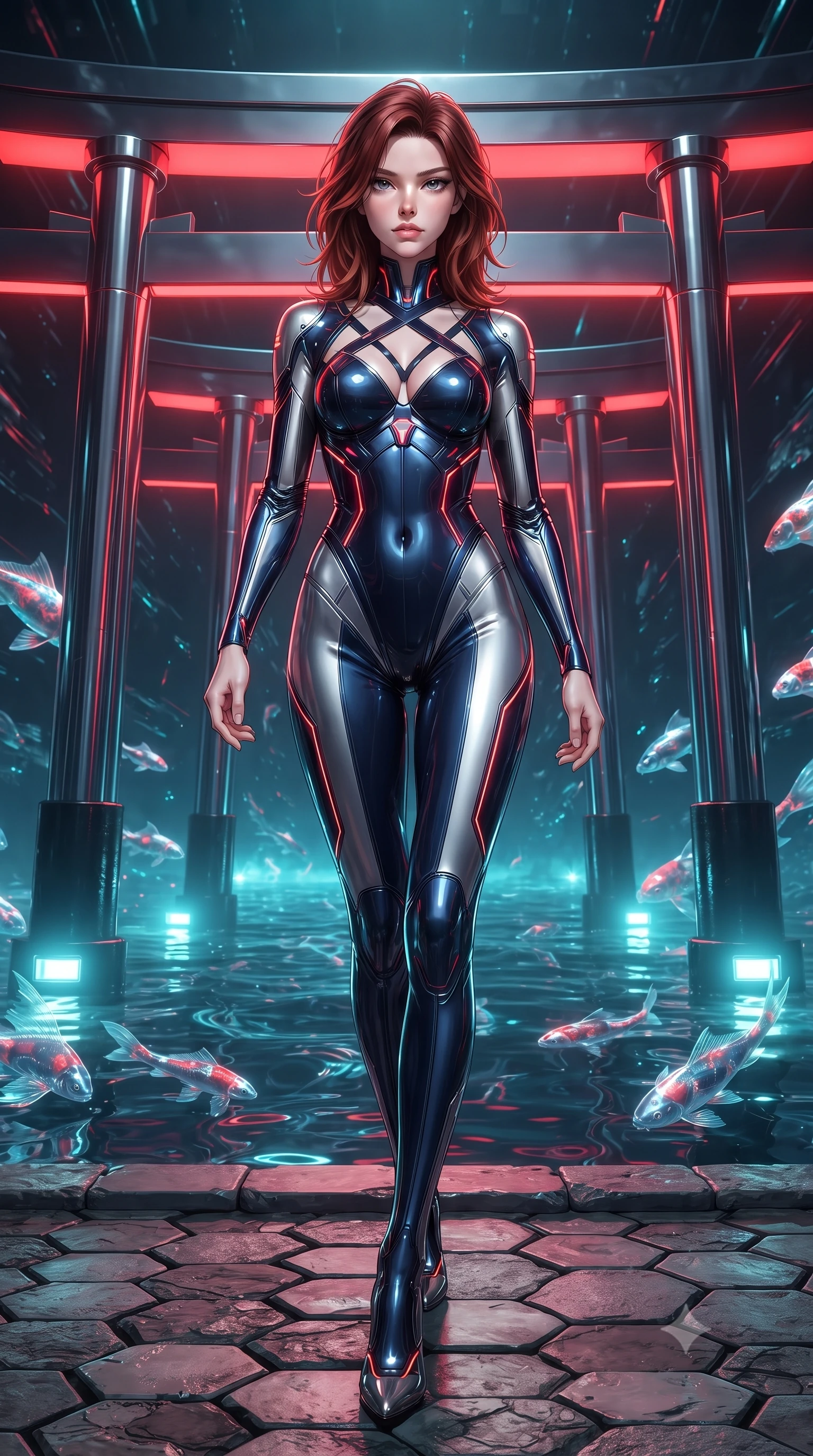 score_9, masterpiece, best quality, ultra-detailed, high-budget anime keyframe, editorial fashion photography, tasteful artistic composition, Korean woman. low angle full-body shot from head to toe showing her feet, filling the entire 9:16 vertical frame with her statuesque presence, stretching her vertical silhouette. striding forward with commanding supermodel grace, her 8.5-heads statuesque silhouette dominating the vertical frame from head to toe while striding gracefully along a mirrored chrome torii gate arcade suspended above a digital water matrix. The surrounding environment is rendered in vivid detail and crisp panoramic clarity. intricate chrome torii pillar reflections, holographic koi fin filaments, and hexagonal stone textures in deep focus. She has an absolutely perfect, statuesque 8.5-heads proportion, an exceptionally tall and slender model-like female figure with impossibly long slender legs, a toned flat midriff, and an ultra-slim waist. sharp v-shaped jawline, high-bridge nose, intricate jewel-like eyes with depth, thick eyelashes, glossy lips with a natural sheen, flawlessly proportioned anatomical accuracy, strict slender model proportions, natural body alignment, perfectly sculpted long slender limbs, ultra-slim waistline, clean dynamic posture without body distortion. wearing a statuesque midnight cobalt and polished platinum bodysuit featuring sleek aerodynamic contour lines and glowing circuit accents in high-gloss obsidian black and burning laser crimson accents, formed from high-gloss patent material with specular chiaroscuro reflections, complemented by criss-cross back straps highlighting her completely bare spine, the liquid-tight tailored fabric emphasizing every curve of her tall, slender model proportions and sculptured silhouette during dynamic movement. bathed in glowing scarlet torii gate backlighting and aquatic cyan matrix uplights. ultra-reflective glossy finish, specular highlights, dark metallic sheen, high-contrast stereoscopic depth, volumetric dynamic lighting, 2k, ultra detail, master piece, 9:16 ratio