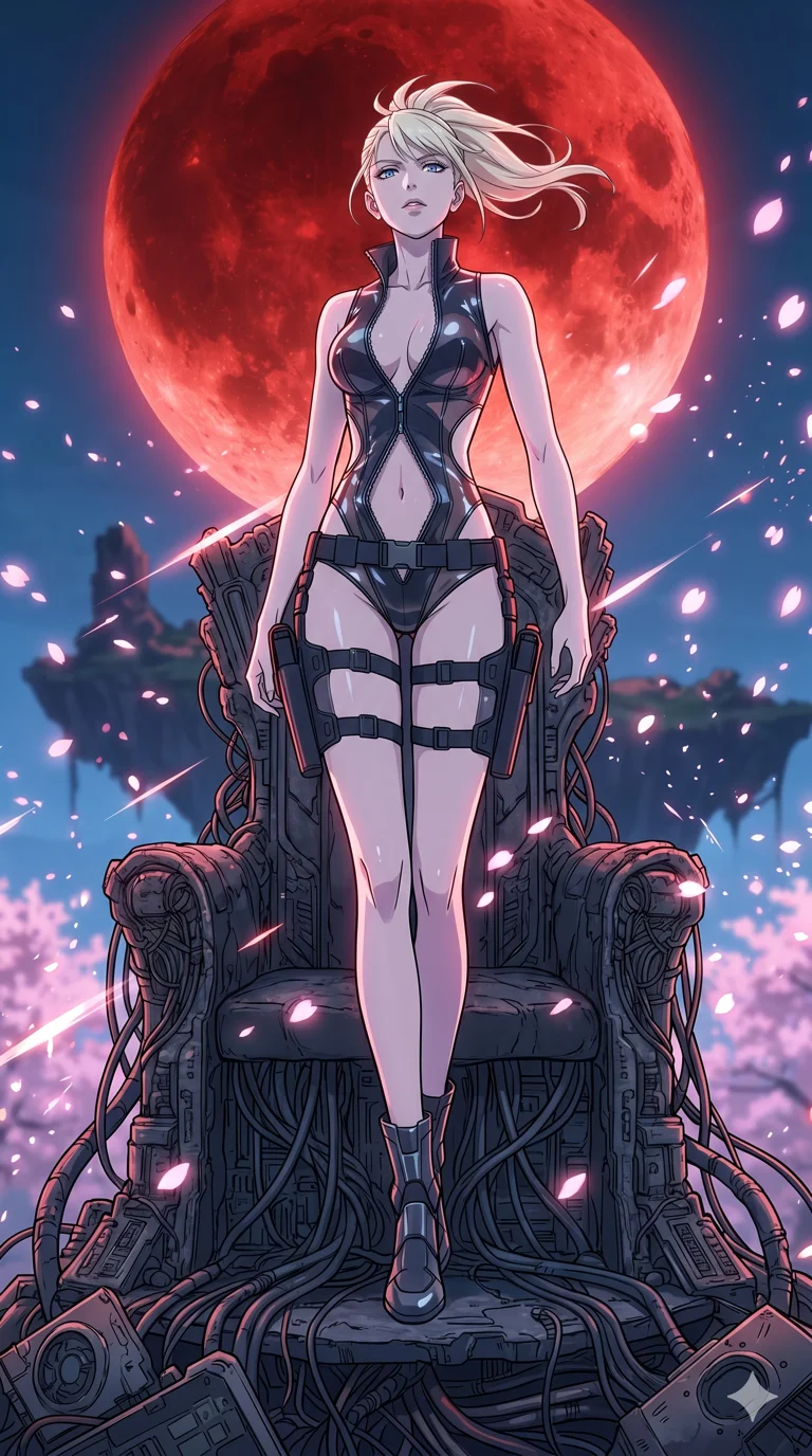 score_9, masterpiece, best quality, ultra-detailed, High-budget Anime Keyframe, vibrant colors, fluid line-art, expressive lighting, cinematic composition, Ufotable-style visual effects, top-tier animation quality, Caucasian woman with pale skin, blonde hair, and (strictly human ears). Low angle cowboy shot filling the entire 9:16 frame with her statuesque presence, looking up to emphasize her height. Standing victorious on a grand throne made of calcified logic-boards and discarded cybernetics under the ominous glow of a massive blood moon. She has an absolutely perfect 8-heads proportion, an exceptionally tall and slender female figure with impossibly long slender legs and an ultra-slim waist, her statuesque height and towering silhouette dominating the vertical 9:16 frame. Her face is a masterpiece featuring a sharp v-shaped jawline, high-bridge nose, intricate jewel-like eyes with depth, thick eyelashes, and glossy lips with a natural sheen. She is wearing a Sleek tactical leotard with thigh-high holsters, unzipped deeply to show her midriff crafted from Transparent PVC with a high-gloss finish that reveals the intricate layers beneath, featuring strategic side cut-outs that emphasize her ultra-slim waist and hips. The scene is set in an ancient floating island with pink cherry blossoms falling like snow against a blue sky, illuminated by dynamic strobe effects that capture her movement in a series of sharp fragments. 2k, ultra detail, master piece, 9:16 ratio