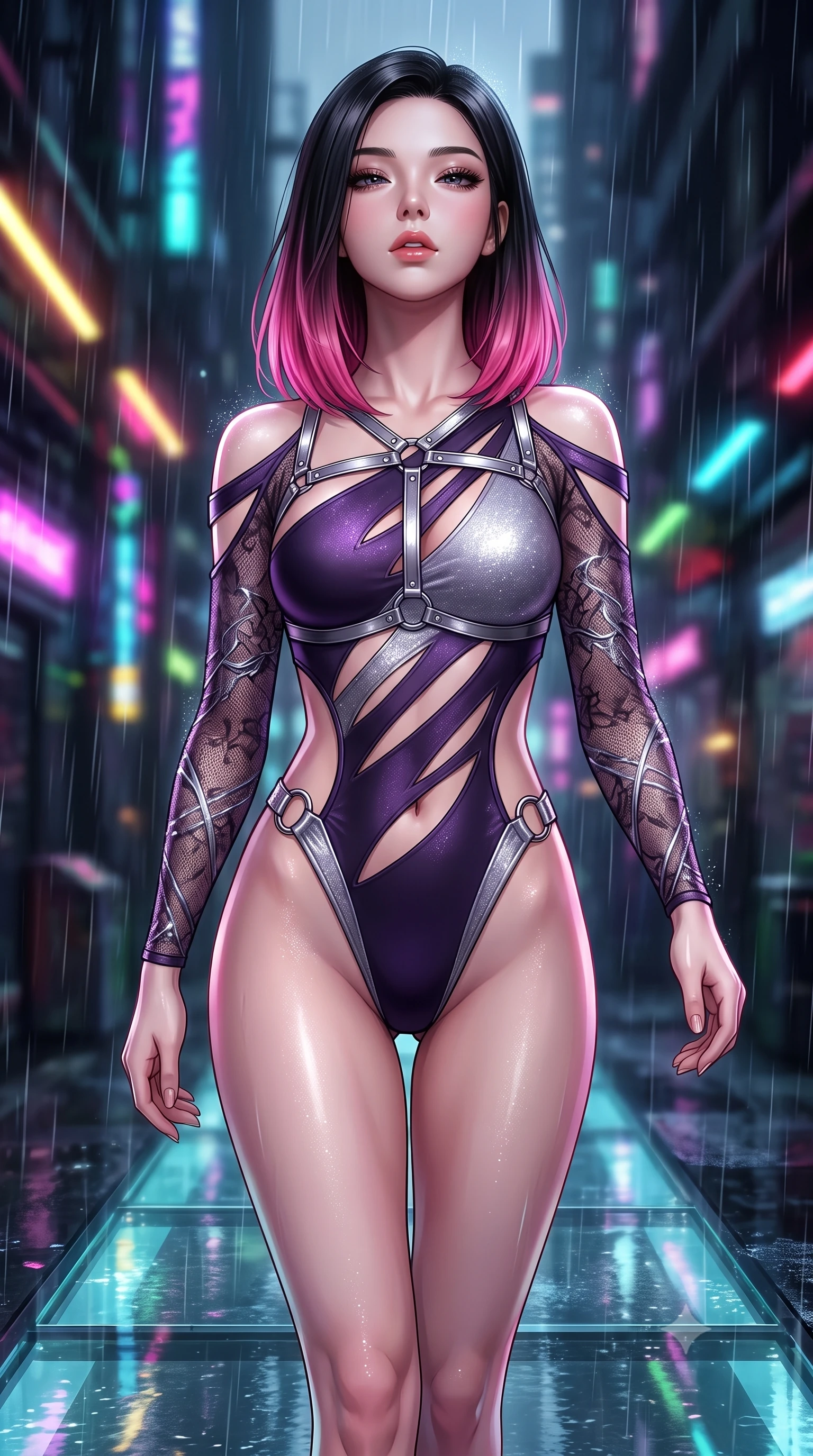 score_9, masterpiece, best quality, ultra-detailed, high-budget anime keyframe, semi-realistic 3D game render, editorial fashion photography, tasteful artistic composition, Korean woman. close-up cowboy shot from the waist and thighs up, the character dominates the composition, filling the frame with her large presence. tilting her head back with a sensual alluring expression, exposing her throat and shoulders to the camera with heavy lashes and softly parted glossy lips while striding commanding down a glossy wet glass runway in a rain-drenched cyberpunk alley. The composition keeps background elements in soft focus with creamy bokeh. neon-lit rain streaks scattering multi-colored light across a dark metropolitan backdrop. She has an exceptionally elegant, slender, and willowy female figure with an ultra-slim waist, a gracefully sculpted slender torso, and a refined silhouette. sharp v-shaped jawline, high-bridge nose, intricate jewel-like eyes with depth, thick eyelashes, glossy lips with a natural sheen, flawlessly proportioned anatomical accuracy, natural body alignment, perfectly sculpted elegant limbs, clean dynamic posture without body distortion. wearing an ultra-sleek high-cut tech-bodysuit featuring dangerous diagonal slitted cutouts on the midriff and shoulders, reinforced by a metallic silver harness and sheer mesh sleeves in dark amethyst purple and shimmering starlight silver, crafted from delicate dark lace interwoven with luminescent micro-fibers, detailed with polished silver rings connecting the daring side-waist cutouts, the liquid-tight fabric adhering flawlessly to her sculpted torso and slender silhouette. surrounded by a gritty, glamorous, and intensely cinematic cyberpunk noir atmosphere. highly saturated vibrant anime colors, detailed shading with soft gradients, rich glossy textures, high-contrast stereoscopic depth, volumetric dynamic lighting, master piece, 9:16 ratio