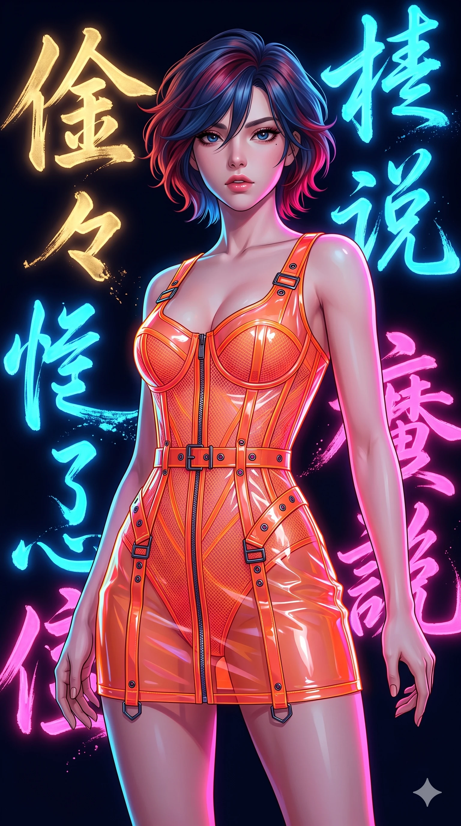 score_9, masterpiece, best quality, ultra-detailed, high-budget anime keyframe, editorial fashion photography, tasteful artistic composition, Korean woman. close-up cowboy shot from the waist and thighs up, the character dominates the composition, filling the frame with her large presence, background elements kept in soft focus. Looking directly at the camera with a bold fearless expression and parted lips. set against a soft-focus background of a vast dark space where massive neon-lit brushstrokes of East Asian calligraphy characters float and pulse with energy each stroke trailing luminous ink particles that dissolve into the void. She has an exceptionally elegant and slender, willowy female figure with an ultra-slim waist, a gracefully sculpted slender torso, and a refined slim physique. sharp v-shaped jawline, high-bridge nose, intricate jewel-like eyes with depth, thick eyelashes, glossy lips with a natural sheen. wearing a wet-look transparent finish mini dress in neon orange, with a visible corset interior structure and chrome hardware accents. vibrant neon glow from the calligraphy characters themselves in electric blue hot pink and gold casting colored light across the dark space. 2k, ultra detail, master piece, 9:16 ratio