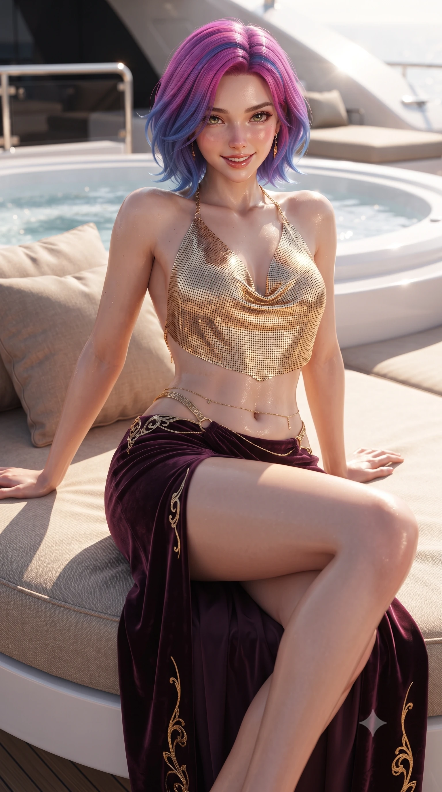 score_9, masterpiece, best quality, ultra-detailed, high-budget anime keyframe, editorial fashion photography, tasteful artistic composition, Caucasian woman. close-up cowboy shot from the waist and thighs up, the character dominates the composition, filling the frame with her large presence. perched sideways on the lounge seat, one knee drawn up to showcase her slender leg line while her arched back accentuates her feminine hip curve while lounging gracefully across the oversized plush sunbed propped on one elbow, displaying her long slender limbs and statuesque hourglass silhouette. The surrounding environment is rendered in vivid detail and crisp panoramic clarity: detailed metallic chainmail crop top weave, gold belly chain shine, and marine engineering craftsmanship in high resolution. She has an exceptionally elegant, slender, and willowy female figure with an ultra-slim waist, flat toned midriff, narrow ribcage, and sculpted feminine hips creating an alluring, slim hourglass silhouette without bulk. sharp v-shaped jawline, high-bridge nose, intricate jewel-like sparkling eyes with depth, thick eyelashes, glossy parted lips with a natural peach sheen, bright cheerful beaming smile with an enchanting and coquettish sensual glint, exuding both youthful cute charm and seductive allure, flawlessly proportioned anatomical accuracy, strict slender model proportions, natural body alignment, perfectly sculpted long slender limbs, ultra-slim waistline, clean dynamic posture without body distortion. wearing a shimmering liquid gold chainmail halter cowl top paired with a draped high-slit silk maxi skirt and waist harness in opulent dark velvet plum and gilded filigree, woven from stretch shimmer crepe adhering with glove-like precision, finished with fine gold ring clasps securing the daring side openings along her hip line, the form-contouring silhouette accentuating her sculpted flat midriff, narrow delicate ribcage, and gracefully curvy hips with intoxicating allure. illuminated by jacuzzi water specular reflections and crisp bronze-gold rim lights defining her dewy collarbones, ultra-slim waist, and curvy hips. ultra-reflective glossy finish, specular highlights, rich textural contrasts, high-contrast stereoscopic depth, volumetric dynamic lighting, 2k, ultra detail, master piece, 9:16 ratio