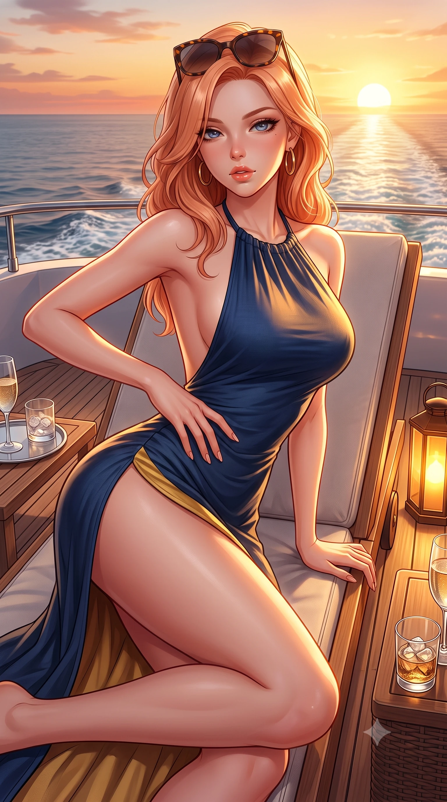 score_9, masterpiece, best quality, ultra-detailed, high-budget anime keyframe, semi-realistic 3D game render, editorial fashion photography, tasteful artistic composition, Japanese woman. close-up cowboy shot from the waist and thighs up, the character dominates the composition, filling the frame with her large presence. resting one manicured hand delicately on her hip bone, her upper body turning in a fluid, seductive S-curve while parted lips glisten in the light while reclining on the sun lounger with one knee raised, the warm golden sunset bathing the sweeping curve of her waist and hips in liquid light. The surrounding environment is rendered in vivid detail and crisp panoramic clarity. detailed sunset horizon gradients, wake ripples behind the yacht, and crystal glassware in high resolution. She has an exceptionally elegant, slender, and willowy female figure with an ultra-slim waist, a gracefully sculpted slender torso, toned flat midriff, and rounded feminine hips creating an alluring hourglass silhouette. sharp v-shaped jawline, high-bridge nose, intricate jewel-like eyes with depth, thick eyelashes, glossy parted lips with a natural sheen, intensely captivating and seductive bedroom-eyes expression, flawlessly proportioned anatomical accuracy, strict slender model proportions, natural body alignment, perfectly sculpted long slender limbs, ultra-slim waistline, clean dynamic posture without body distortion. wearing a sun-drenched halter resort maxi dress with a dramatic open back and high side slit ascending to the hip in deep nautical navy blue and liquid gold, crafted from breathable crinkled linen and lightweight modal knit, accessorized with oversized designer tortoiseshell sunglasses and gold hoop earrings, the liquid-tight tailored fabric clinging flawlessly to her narrow waist and rounded feminine hips, emphasizing every millimeter of her sculpted hourglass curves during movement. bathed in glorious golden hour sunset backlighting and warm amber deck lantern fill. highly saturated vibrant anime colors, detailed shading with soft gradients, rich glossy textures, high-contrast stereoscopic depth, volumetric dynamic lighting, master piece, 9:16 ratio