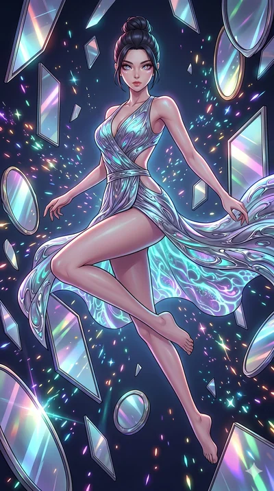 score_9, masterpiece, best quality, ultra-detailed, Set A: High-budget Anime Keyframe, Korean woman. Low angle cowboy shot filling the entire 9:16 frame with her statuesque presence. Leaping through a dimension of floating mirrors, while her eyes glo