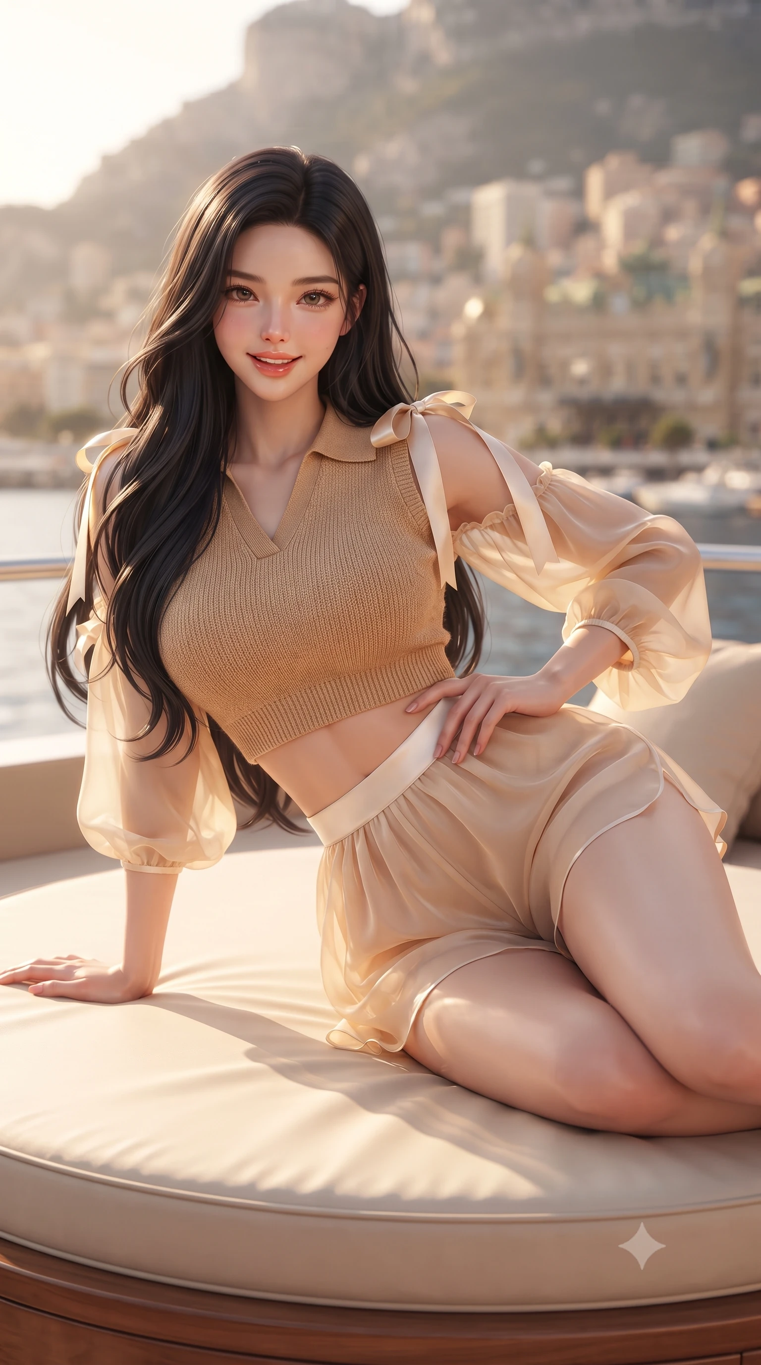score_9, masterpiece, best quality, ultra-detailed, high-budget anime keyframe, editorial fashion photography, tasteful artistic composition, Korean woman. close-up cowboy shot from the waist and thighs up, the character dominates the composition, filling the frame with her large presence. twisting her slender torso in an alluring contrapposto stance, one hand resting on her sculpted hip while flashing a charming, playful smile with parted glossy lips while reclining on the circular sunpad propped on one hand, her flat midriff and hourglass curves commanding the 9:16 vertical frame with effortless old-money allure. The composition keeps background elements in soft focus with dreamy creamy bokeh. the dramatic limestone cliffs of Monte Carlo and tiers of glittering belle-époque palaces blurred into champagne, rose gold, and cobalt bokeh. She has an exceptionally elegant, slender, and willowy female figure with an ultra-slim waist, flat toned midriff, narrow ribcage, and sculpted feminine hips creating an alluring, slim hourglass silhouette without bulk. sharp v-shaped jawline, high-bridge nose, sparkling amber-hazel eyes with depth, long lush eyelashes, glossy sun-kissed lips with a warm coral glaze, radiant teasing smile with sensual sunlit bedroom-eyes, exuding effortless old-money elegance and intoxicating sun-drenched allure, flawlessly proportioned anatomical accuracy, strict slender model proportions, natural body alignment, perfectly sculpted long slender limbs, ultra-slim waistline, clean dynamic posture without body distortion. wearing a chic cropped knit polo sweater paired with high-cut tailored tennis shorts hugging her rounded hips in warm honey bronze and pearlescent ivory, tailored from airy semi-sheer chiffon that flutters gently in the evening breeze, finished with cute satin bow ribbons tying at the shoulders, the form-contouring cut accentuating her sculpted flat midriff, narrow delicate ribcage, and gracefully curvy hips with sun-drenched supermodel elegance. bathed in brilliant molten-gold sunset light streaming across the Mediterranean waters. ultra-reflective glossy finish, specular highlights, rich textural contrasts, high-contrast stereoscopic depth, volumetric dynamic lighting, 2k, ultra detail, master piece, 9:16 ratio