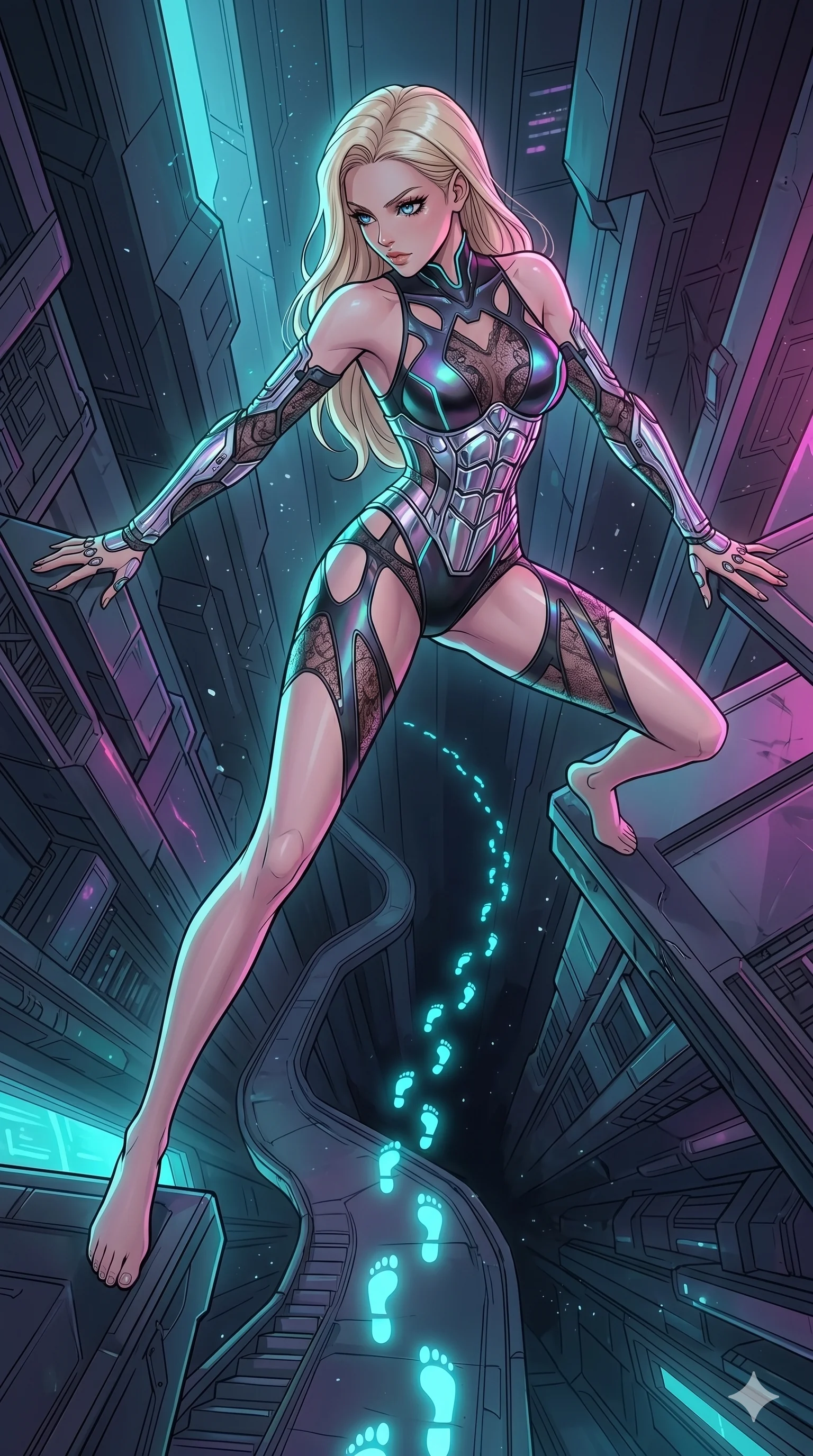 score_9, masterpiece, best quality, ultra-detailed, high-budget anime movie keyframe, cinematic anime lighting, intricate line art, Japanese woman. Extreme high angle shot as she leaps towards the camera, filling the frame. looking back at her own footprints which are glowing in the dark. She has an absolutely perfect 8-heads proportion, an exceptionally tall and slender female figure with an ultra-slim waist and impossibly long slender legs. strictly human anatomy, two legs only, no extra limbs, clearly defined legs and arms, perfect anatomy, perfect hands and fingers. sharp v-shaped jawline, high-bridge nose, intricate jewel-like eyes, thick eyelashes, glossy lips. Wearing Cyber-Tech Legacy: Asymmetrical high-cut tech-bodysuit with detached sleeves and chrome-plated corset over sheer lace. The scene is illuminated by dramatic atmospheric lighting and vibrant color palettes. , 2k, ultra detail, master piece, 9:16 ratio
