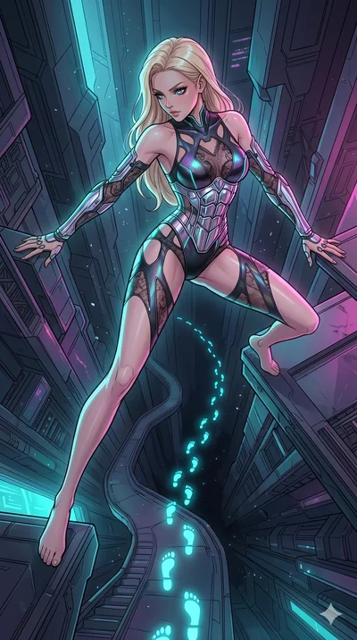 score_9, masterpiece, best quality, ultra-detailed, high-budget anime movie keyframe, cinematic anime lighting, intricate line art, Japanese woman. Extreme high angle shot as she leaps towards the camera, filling the frame. looking back at her own fo