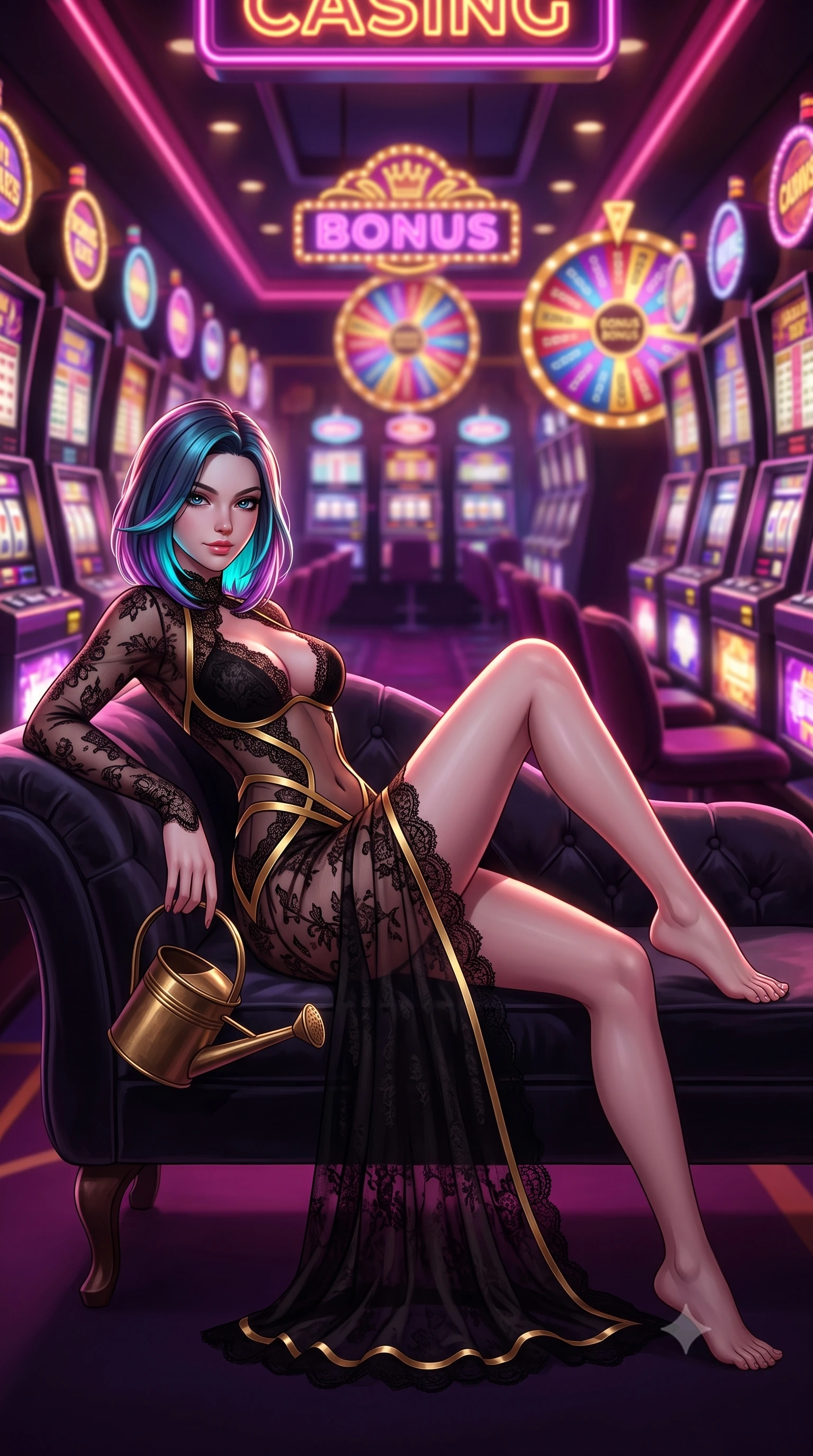 score_9, masterpiece, best quality, ultra-detailed, high-budget anime keyframe, semi-realistic 3D game render, editorial fashion photography, tasteful artistic composition, Caucasian woman. low angle full-body shot from head to toe showing her feet, filling the entire 9:16 vertical frame with her statuesque presence, stretching her vertical silhouette. reclining gracefully across the plush chaise lounge with one leg extended, her sculpted silhouette and flat midriff radiating magnetic nocturnal glamour while standing poised in the narrow neon gaming corridor, arching her spine as jackpot strobe lights flash across her curves. The background shows a soft-focus hundreds of flashing digital slot reels, spinning bonus wheels, and overhead neon signs blurred into electric fuchsia, gold, and violet bokeh. She has an absolutely perfect, statuesque 8.5-heads proportion, an exceptionally tall and slender model-like female figure with impossibly long slender legs, an ultra-slim waist, a flat toned midriff, narrow delicate ribcage, and beautifully sculpted feminine hips creating a graceful, slim hourglass silhouette without any bulky heaviness. sharp v-shaped jawline, high-bridge nose, sparkling eyes with hypnotic seductive depth, thick curled eyelashes, glossy parted lips with a natural dewy peach sheen, alluring bedroom-eyes with an enchanting coquettish smile, exuding magnetic siren charisma and sophisticated glamour, flawlessly proportioned anatomical accuracy, strict slender model proportions, natural body alignment, perfectly sculpted long slender limbs, ultra-slim waistline, clean dynamic posture without body distortion. wearing a provocative sheer illusion mesh gown with liquid gold ribbons contouring her flat midriff and curvaceous hips in dual-tone high-contrast gold-and-black monochrome, made of delicate semi-sheer French Chantilly lace with intricate eyelash edges, finished with an antique brass watering can held casually at her side, the liquid-tight tailored fabric clinging flawlessly to her narrow waist and rounded feminine hips, emphasizing every millimeter of her sculpted slim hourglass curves without any bulky heaviness. illuminated by coin tray bounce and sharp magenta-gold rim lights sculpting her jawline, flat midriff, and voluptuous hip curves. highly saturated vibrant anime colors, detailed shading with soft gradients, rich glossy textures, high-contrast stereoscopic depth, volumetric dynamic lighting, master piece, 9:16 ratio