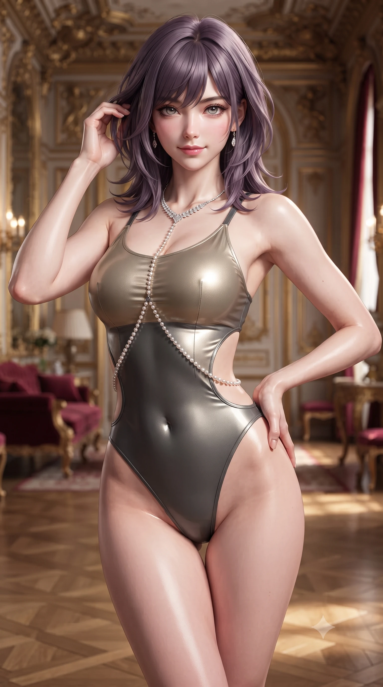 score_9, masterpiece, best quality, ultra-detailed, high-budget anime keyframe, editorial fashion photography, tasteful artistic composition, Japanese woman. close-up cowboy shot from the waist and thighs up, the character dominates the composition, filling the frame with her large presence. twisting her slender torso in an alluring contrapposto stance, one hand resting on her sculpted hip while her fingers toy with her hair with effortless poise while walking slowly down the monumental foyer gallery, hips swaying in an alluring kinetic rhythm that accentuates her curvy hourglass silhouette. The surrounding environment is rendered in vivid detail and crisp panoramic clarity: detailed velvet ballet tutu fabric texture, diamond necklace shine, and opulent French baroque architecture in high resolution. She has an exceptionally elegant, slender, and willowy female figure with an ultra-slim waist, flat toned midriff, narrow ribcage, and sculpted feminine hips creating an alluring, slim hourglass silhouette without bulk. sharp v-shaped jawline, high-bridge nose, sparkling eyes with hypnotic seductive depth, thick curled eyelashes, glossy parted lips with a natural dewy peach sheen, alluring bedroom-eyes with an enchanting coquettish smile, exuding magnetic siren charisma and sophisticated glamour, flawlessly proportioned anatomical accuracy, strict slender model proportions, natural body alignment, perfectly sculpted long slender limbs, ultra-slim waistline, clean dynamic posture without body distortion. wearing a liquid metallic lamé ballet leotard clinging like a second skin with high-cut side hip cutouts in tactical desert sand khaki and matte carbon grey, crafted from wet-look high-gloss vinyl fabric with dazzling specular surface reflections, accented with a pearl-drop body harness subtly framing her dewy collarbones and spine, the liquid-tight tailored fabric clinging flawlessly to her narrow waist and rounded feminine hips, emphasizing every millimeter of her sculpted slim hourglass curves without any bulky heaviness. illuminated by polished parquet bounce and sharp golden rim lighting sculpting her jawline, flat midriff, and voluptuous hip curves. ultra-reflective glossy finish, specular highlights, rich textural contrasts, high-contrast stereoscopic depth, volumetric dynamic lighting, 2k, ultra detail, master piece, 9:16 ratio
