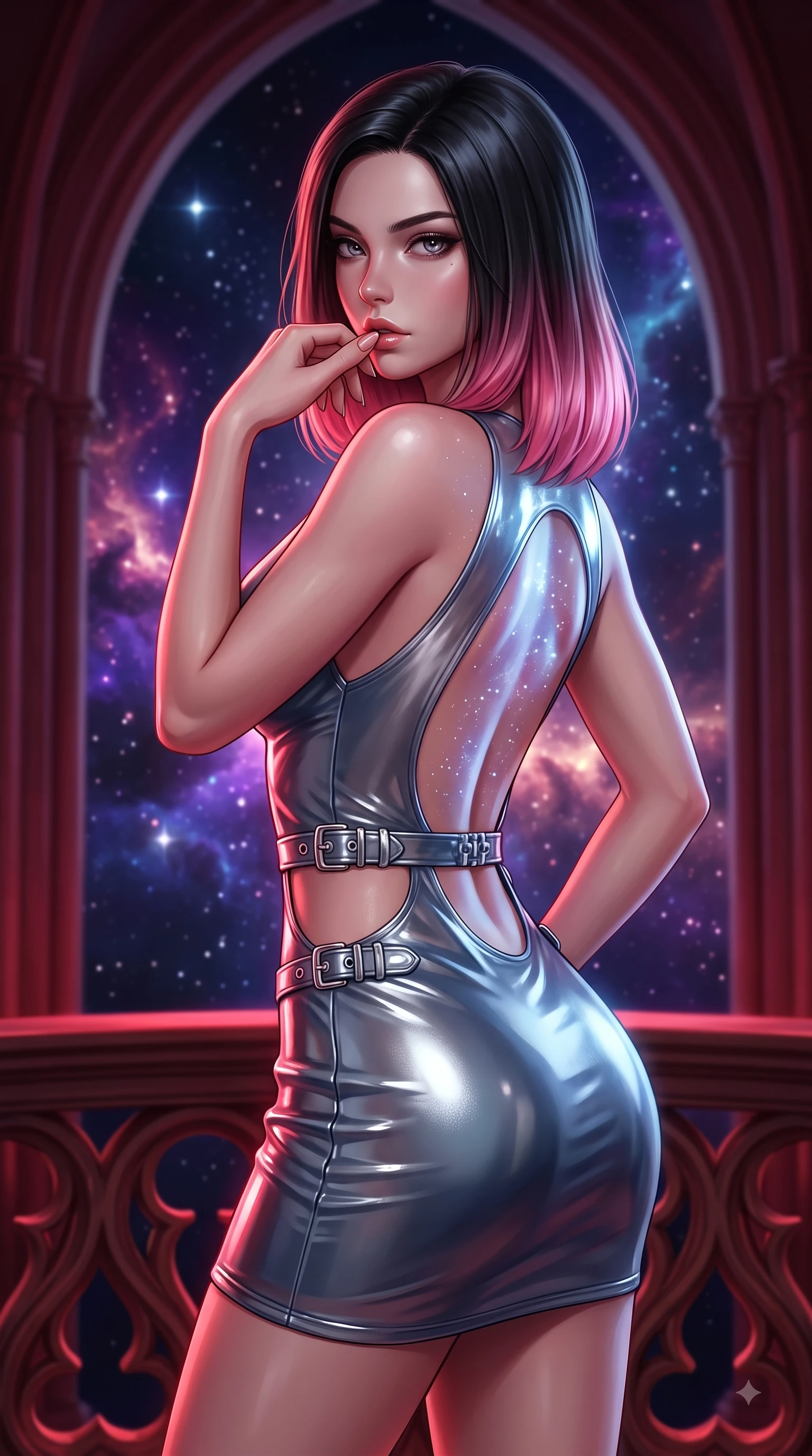 score_9, masterpiece, best quality, ultra-detailed, high-budget anime keyframe, editorial fashion photography, tasteful artistic composition, Korean woman. close-up cowboy shot from the waist and thighs up, the character dominates the composition, filling the frame with her large presence, background elements kept in soft focus. Resting two fingers near her glossy lips, casting a sharp mysterious side-gaze during her dynamic motion while pivoting dynamically on an opera balcony as deep space starlight illuminates her bare back, vivid purple and rose-gold nebula clouds glowing through monumental cathedral arches. She has an exceptionally elegant, slender, and willowy female figure with an ultra-slim waist, a gracefully sculpted slender torso, and a refined silhouette. sharp v-shaped jawline, high-bridge nose, intricate jewel-like eyes with depth, thick eyelashes, glossy lips with a natural sheen, flawlessly proportioned anatomical accuracy, natural body alignment, perfectly sculpted elegant limbs, clean dynamic posture without body distortion. wearing a liquid mercury gloss mini dress with ultra-deep V-neck and waist cutouts in slate blue and metallic silver, woven from fine semi-opaque sheer organza, detailed with polished silver buckles along the waistline, the form-contouring material highlighting her ultra-slim waist and long lines. bathed in deep crimson theatrical lighting with sharp specular highlights on every curve. ultra-reflective glossy finish, specular highlights, metallic sheen, high-contrast stereoscopic depth, volumetric dynamic lighting, 2k, ultra detail, master piece, 9:16 ratio
