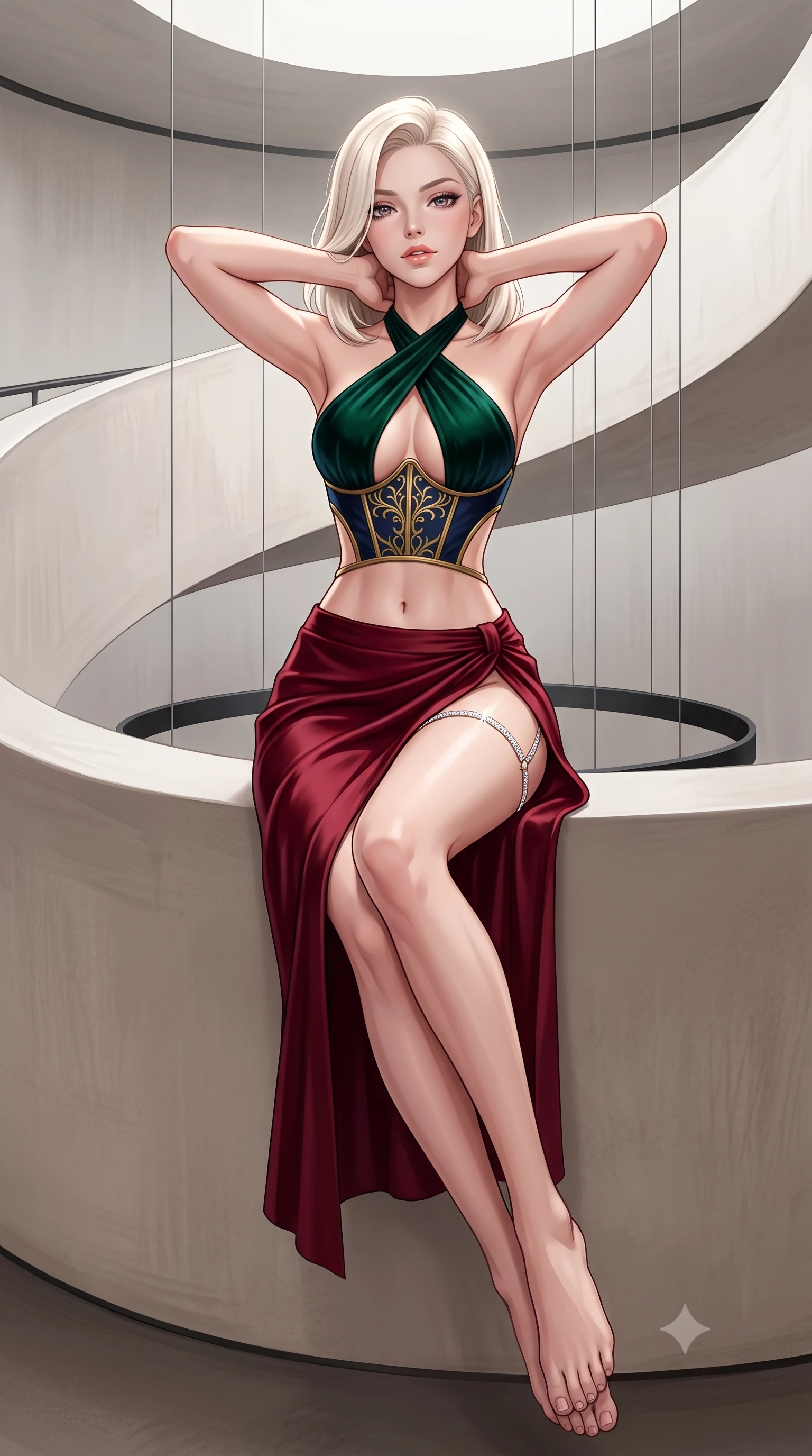score_9, masterpiece, best quality, ultra-detailed, high-budget anime keyframe, semi-realistic 3D game render, editorial fashion photography, tasteful artistic composition, Caucasian woman. close-up cowboy shot from the waist and thighs up, the character dominates the composition, filling the frame with her large presence. resting both hands lightly behind her neck with elbows raised, arching her spine to highlight her narrow waist, flat midriff, and breathtaking collarbones while sitting perched on the curving ramp ledge with legs extended, displaying her impossibly long slender limbs with supermodel cool. The surrounding environment is rendered in vivid detail and crisp panoramic clarity: sharp smooth plaster ramp curvature, ultra-thin steel mobile suspension wire, and painted black aluminum disc edges in deep focus. She has an exceptionally elegant, slender, and willowy female figure with an ultra-slim waist, flat toned midriff, narrow ribcage, and sculpted feminine hips creating an alluring, slim hourglass silhouette without bulk. sharp v-shaped jawline, high-bridge nose, sparkling eyes with hypnotic seductive depth, thick curled eyelashes, glossy parted lips with a natural dewy peach sheen, alluring bedroom-eyes with an enchanting coquettish smile, exuding magnetic siren charisma and sophisticated glamour, flawlessly proportioned anatomical accuracy, strict slender model proportions, natural body alignment, perfectly sculpted long slender limbs, ultra-slim waistline, clean dynamic posture without body distortion. wearing a high-waisted dark crimson satin wrap sarong skirt with hip-high slit paired with a plunging criss-cross halter corset in deep emerald velvet and dark sapphire with gold filigree, woven from buttery-soft stretch lambskin leather adhering to her body like a second skin, finished with delicate crystal-encrusted thigh garter straps glinting under the lights, the precision-cut side openings and low-back scoop framing her graceful spine and the sensual sweep of her slim, toned hips. bathed in diffused omnidirectional gallery daylight cascading down the central rotunda void. highly saturated vibrant anime colors, detailed shading with soft gradients, rich glossy textures, high-contrast stereoscopic depth, volumetric dynamic lighting, master piece, 9:16 ratio