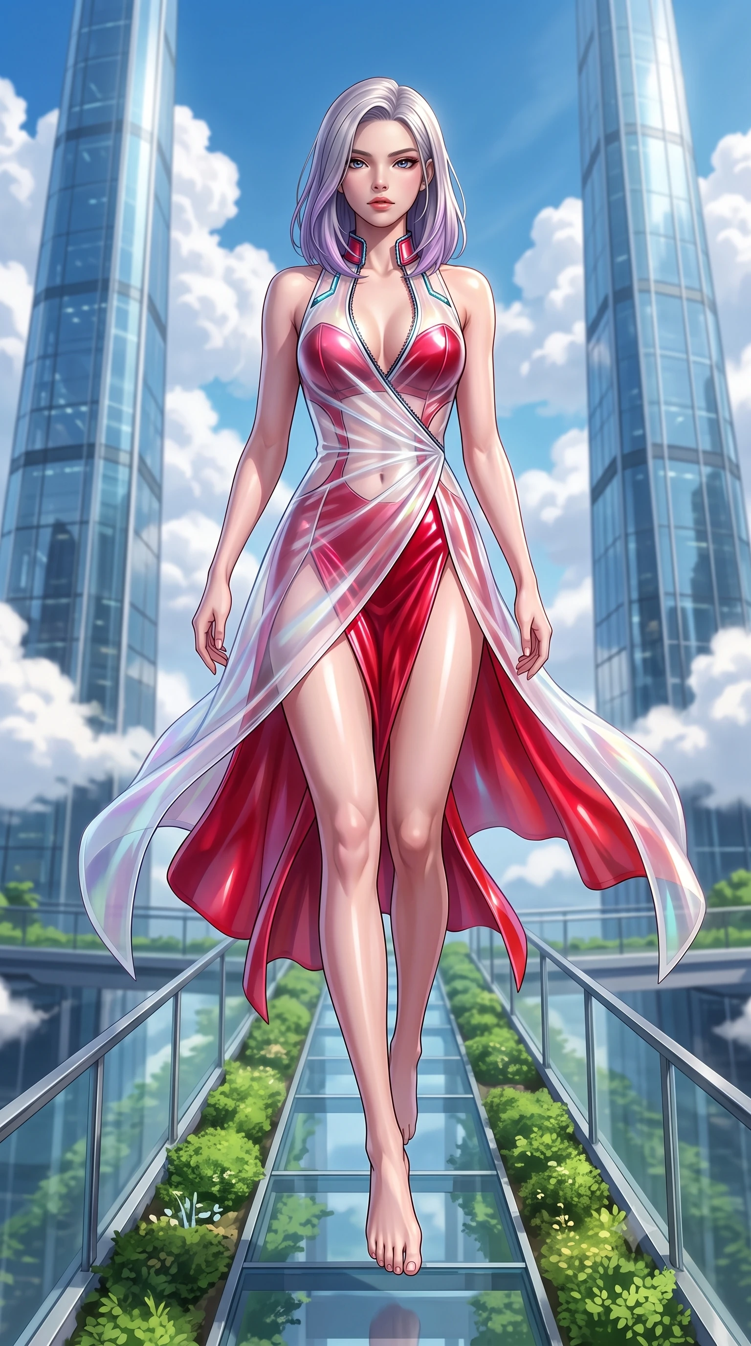 score_9, masterpiece, best quality, ultra-detailed, high-budget anime keyframe, semi-realistic 3D game render, editorial fashion photography, tasteful artistic composition, Caucasian woman. low angle full-body shot from head to toe showing her feet, filling the entire 9:16 vertical frame with her statuesque presence, stretching her vertical silhouette. performing an alluring mid-air vault with flawless poise, looking directly into the camera with smoldering intensity while stepping along a verdant sky-garden walkway suspended between twin gleaming architectural towers. The composition keeps background elements in soft focus with creamy bokeh. towering glass skyscraper spires and white fluffy cumulus clouds blurred into vivid sky-blue bokeh. She has an absolutely perfect, statuesque 8.5-heads proportion, an exceptionally tall and slender model-like female figure with impossibly long slender legs, a toned flat midriff, and an ultra-slim waist. sharp v-shaped jawline, high-bridge nose, intricate jewel-like eyes with depth, thick eyelashes, glossy lips with a natural sheen, flawlessly proportioned anatomical accuracy, strict slender model proportions, natural body alignment, perfectly sculpted long slender limbs, ultra-slim waistline, clean dynamic posture without body distortion. wearing a translucent iridescent organza wrap dress with structured bustier boning, plunging neckline, and high-cut dual leg slits in radiant crimson silk and crisp snow white, crafted from ultra-reflective second-skin latex with a high-gloss glass-like polish, featuring a dangerously unzipped neckline framed by glowing cybernetic accents, the precision-cut daring openings accentuating her delicate midriff, graceful bare collarbones, and ultra-slim feminine waistline. illuminated by crisp specular highlights tracing her sculpted collarbones and waistline. highly saturated vibrant anime colors, detailed shading with soft gradients, rich glossy textures, high-contrast stereoscopic depth, volumetric dynamic lighting, master piece, 9:16 ratio