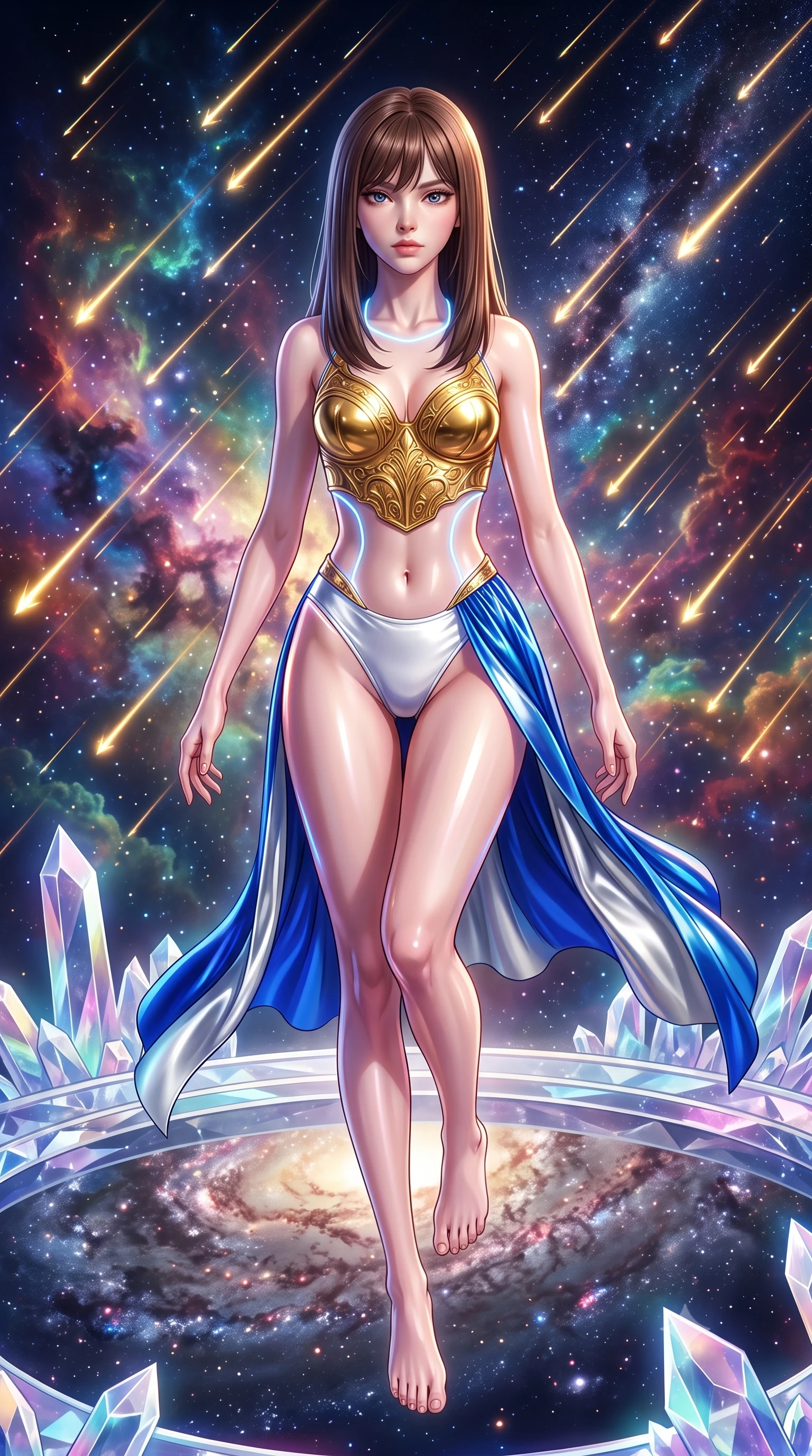 score_9, masterpiece, best quality, ultra-detailed, high-budget anime keyframe, semi-realistic 3D game render, editorial fashion photography, tasteful artistic composition, Korean woman. low angle full-body shot from head to toe showing her feet, filling the entire 9:16 vertical frame with her statuesque presence, stretching her vertical silhouette. performing an alluring mid-air vault with flawless poise, looking directly into the camera with smoldering intensity while pivoting dynamically on a crystalline observation ring as a shower of glowing golden shooting stars streaks behind her. The surrounding environment is rendered in vivid detail and crisp panoramic clarity. razor-sharp diamond crystal facet edges, glowing galactic arm filaments, and shooting star trails in deep focus. She has an absolutely perfect, statuesque 8.5-heads proportion, an exceptionally tall and slender model-like female figure with impossibly long slender legs, a toned flat midriff, and an ultra-slim waist. sharp v-shaped jawline, high-bridge nose, intricate jewel-like eyes with depth, thick eyelashes, glossy lips with a natural sheen, flawlessly proportioned anatomical accuracy, strict slender model proportions, natural body alignment, perfectly sculpted long slender limbs, ultra-slim waistline, clean dynamic posture without body distortion. wearing a sculpted golden breastplate bodice paired with high-cut white satin briefs and a fluid draped side skirt in liquid electric cobalt blue and polished silver, crafted from ultra-reflective second-skin latex with a high-gloss glass-like polish, accented with glowing fiber-optic seams tracing her collarbones and hip curves, the sleek second-skin cut tightly hugging her graceful clavicle, narrow waist, and feminine curves with athletic precision. bathed in radiant starlight brilliance and multi-colored nebula ambient illumination. highly saturated vibrant anime colors, detailed shading with soft gradients, rich glossy textures, high-contrast stereoscopic depth, volumetric dynamic lighting, master piece, 9:16 ratio